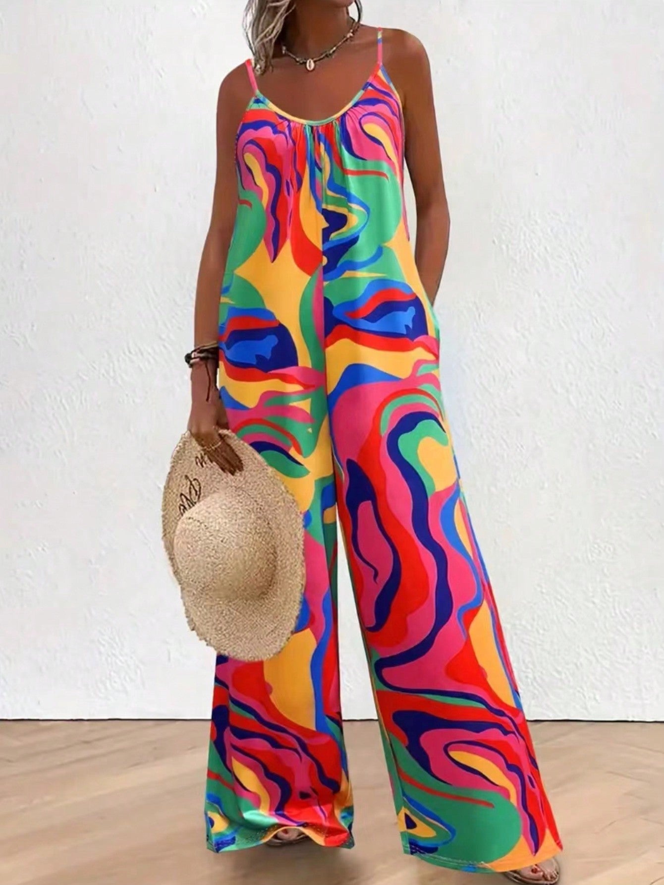 EMERY ROSE Colorblock V-Neck Spaghetti Strap Wide Leg Jumpsuit