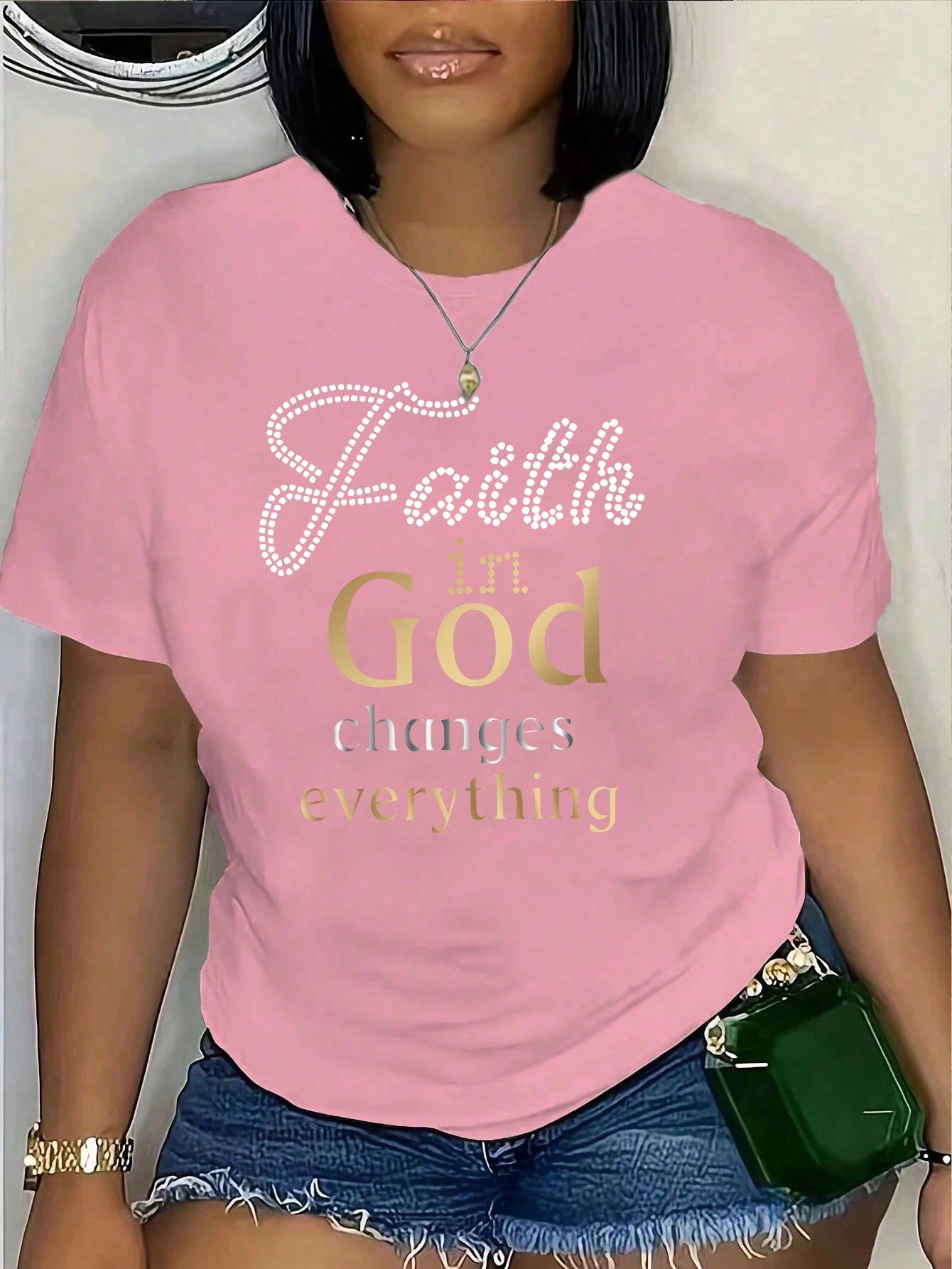 Slayr Plus Size Women's Faith In God Changes Everything Letter Print T-Shirt Casual Sports Fashion Short Sleeve Top Streetwear Inspirational Clothing