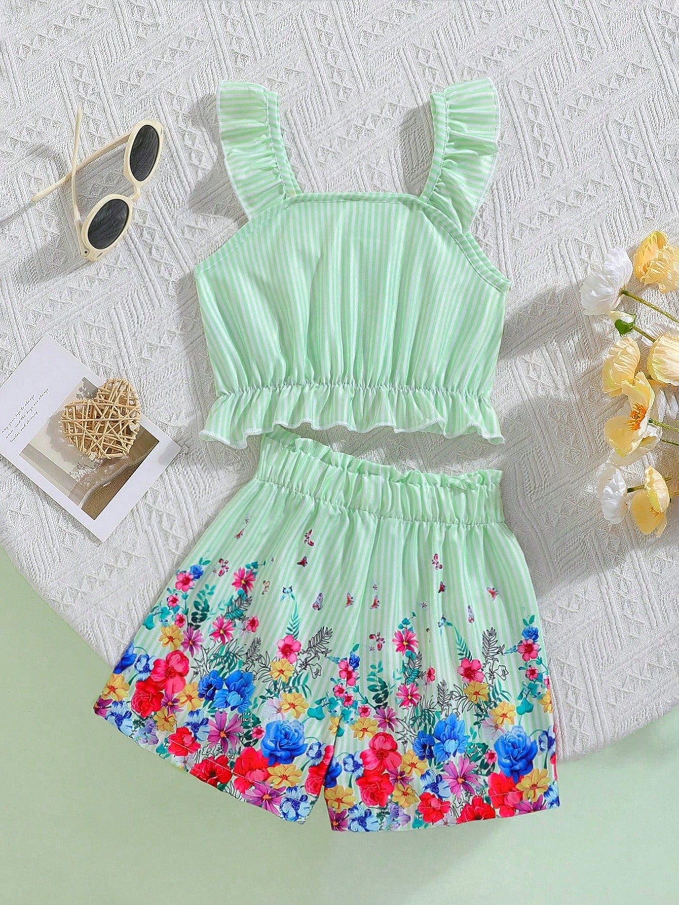 Young Girl Elegant & Floral Patterned Button Design Tank Top & Elastic Shorts Set, Suitable For Vacation And Travel, Spring/Summer