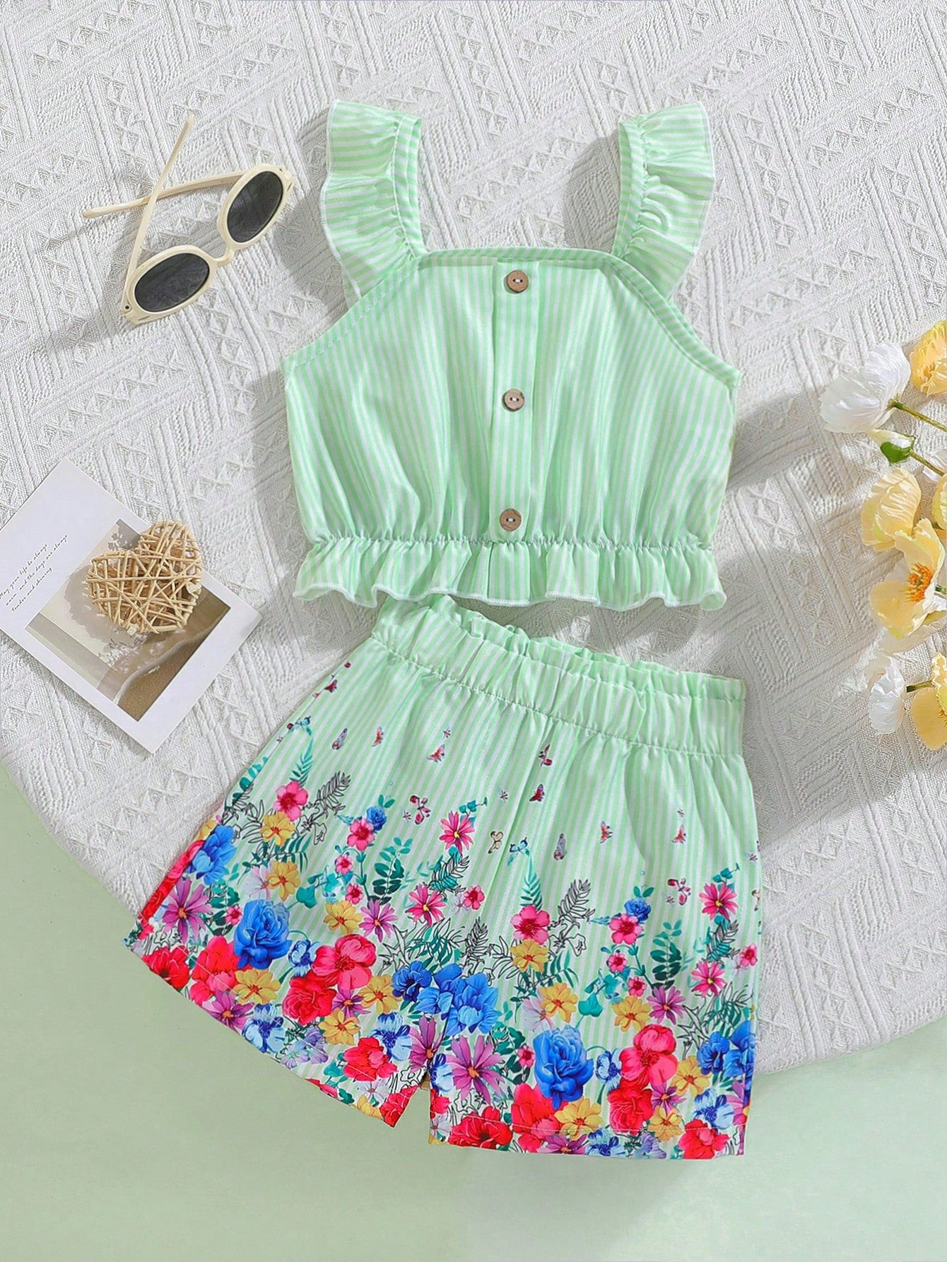 Young Girl Elegant & Floral Patterned Button Design Tank Top & Elastic Shorts Set, Suitable For Vacation And Travel, Spring/Summer