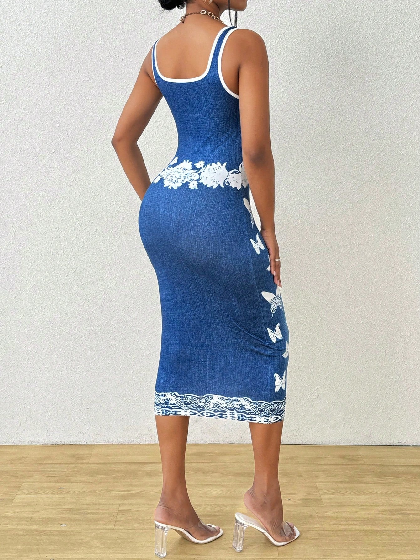 Slayr Denim-Effect Butterfly Print Contrast Binding Bodycon Dress For Summer