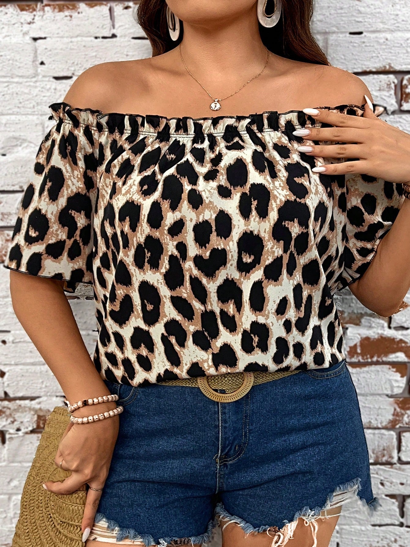 LUNE Plus Leopard Print Off Shoulder Blouse For Summer Vacation