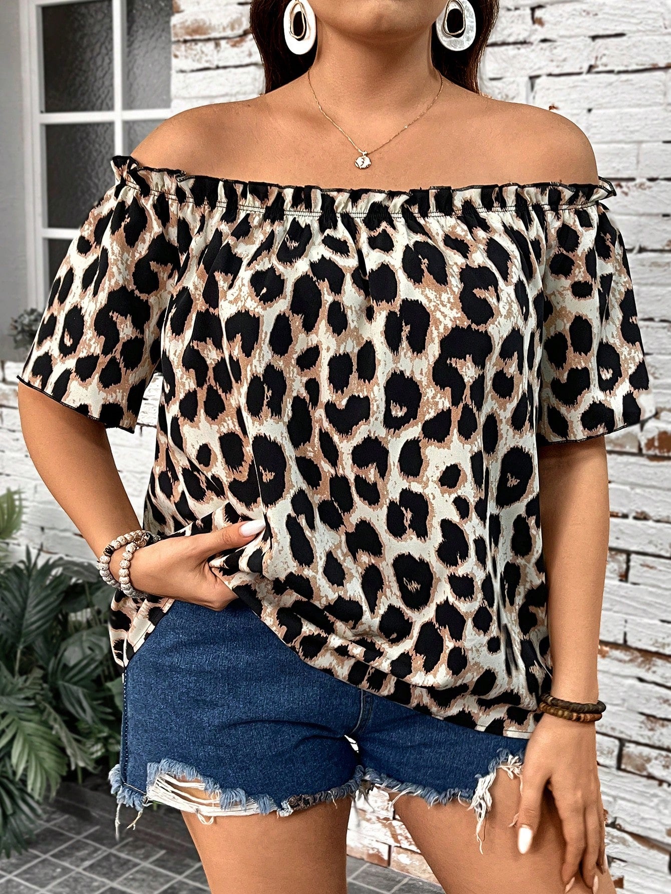 LUNE Plus Leopard Print Off Shoulder Blouse For Summer Vacation