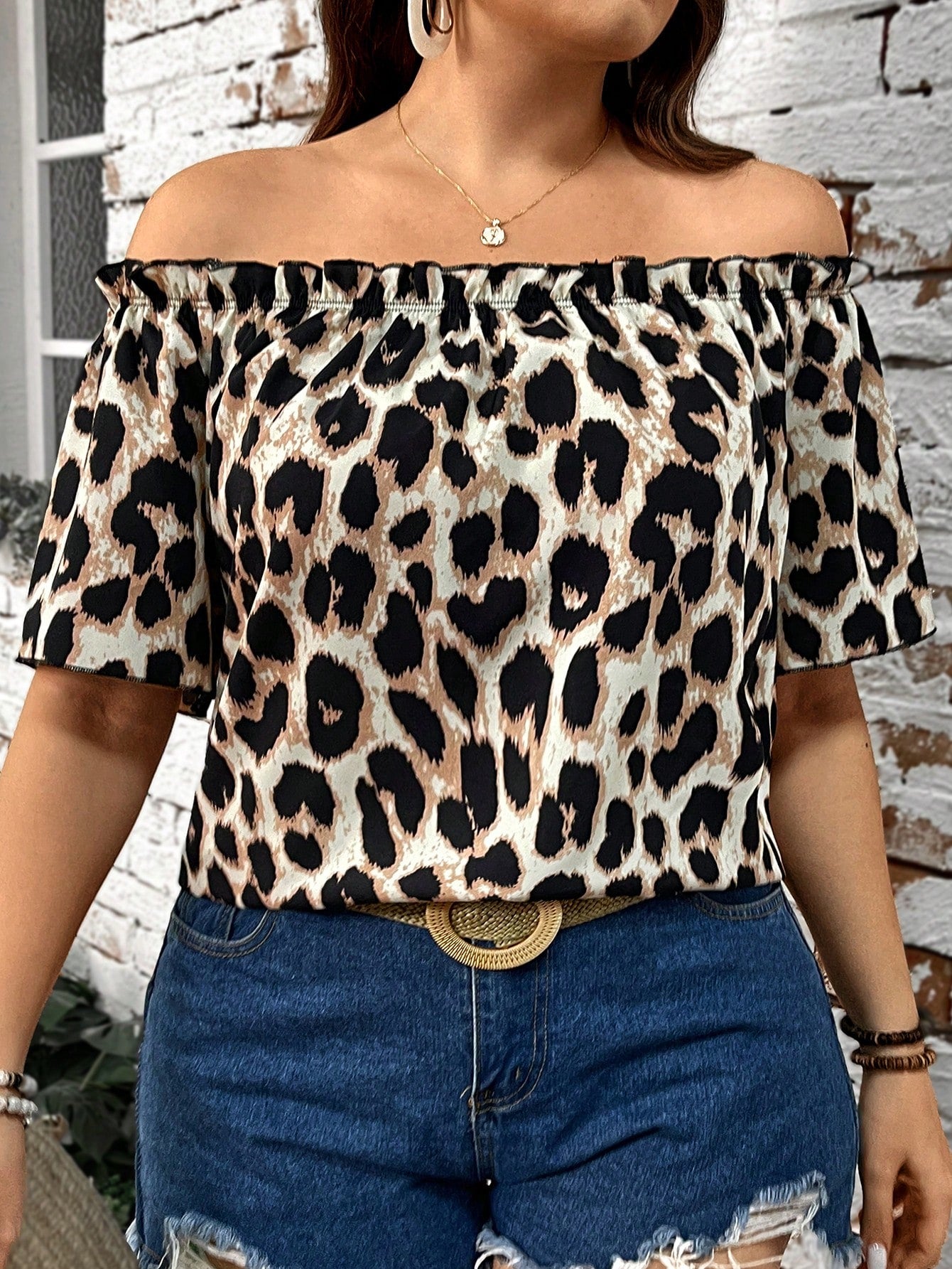 LUNE Plus Leopard Print Off Shoulder Blouse For Summer Vacation