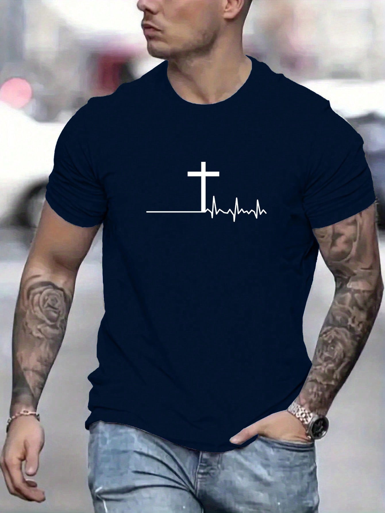 Manfinity Homme Men Summer Casual Short Sleeve T-Shirt With ECG And Cross Print