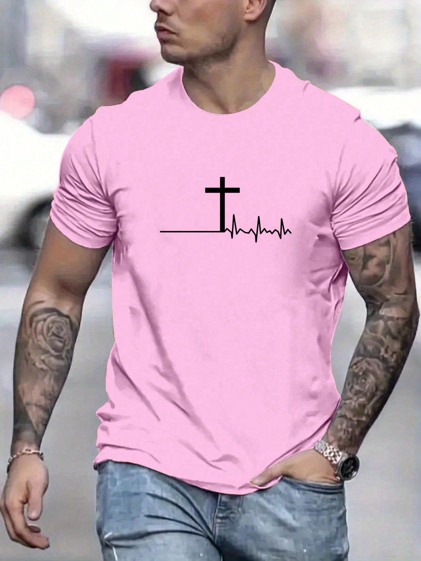 Manfinity Homme Men Summer Casual Short Sleeve T-Shirt With ECG And Cross Print