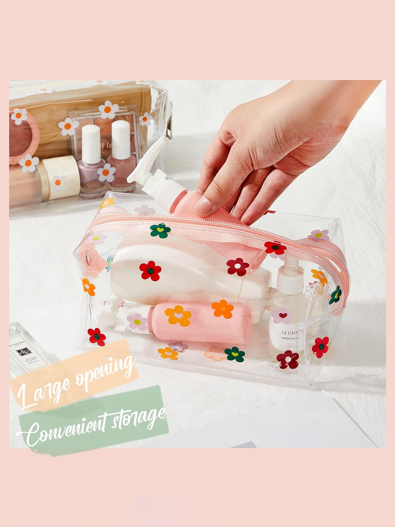 1/2pcs Floral Pattern Cosmetic Bag, Portable Toiletry Bag Suitable For Women Travel Vacation Everyday Use