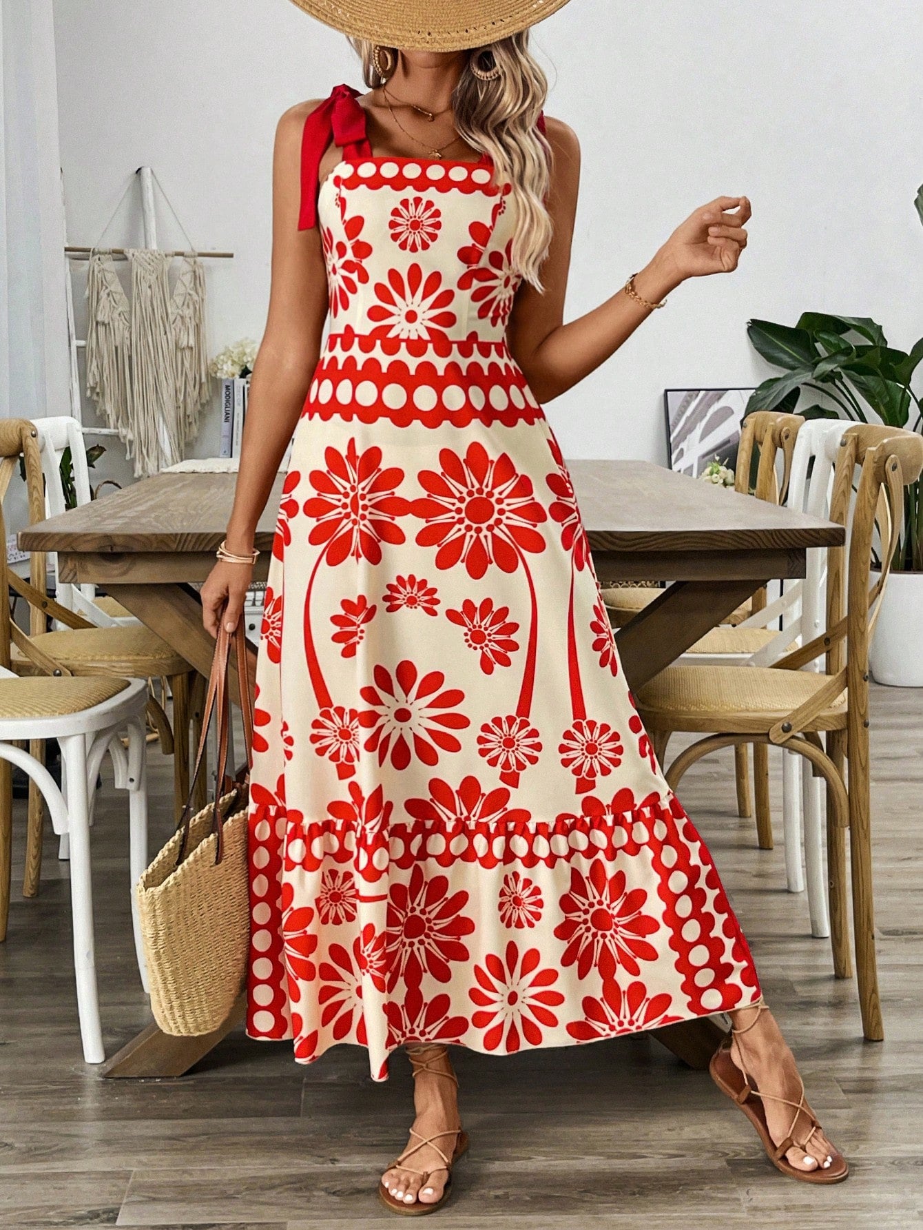 VCAY Vintage Print Laced Shoulder Cut-Out Waist Summer Maxi Dress