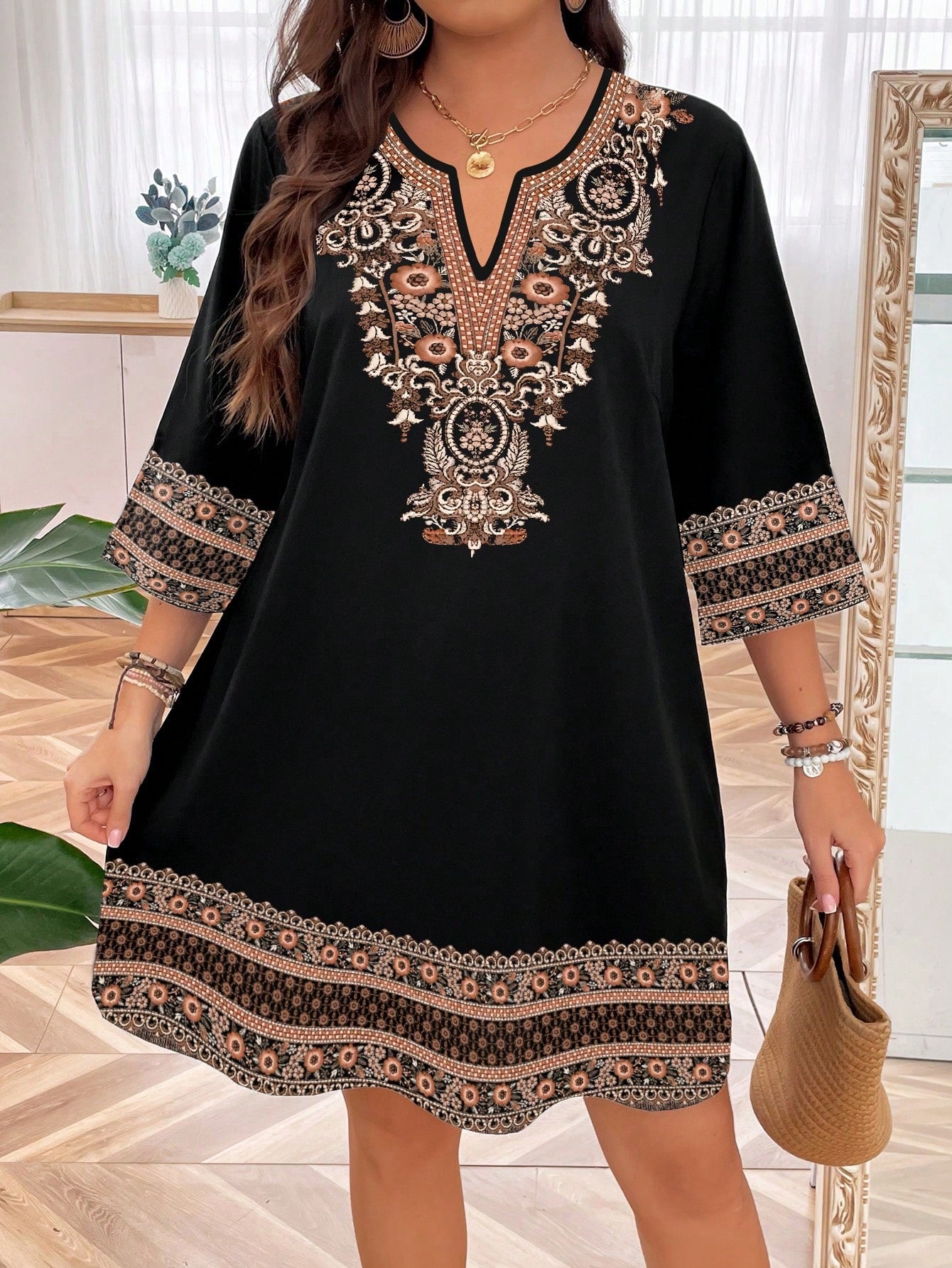 LUNE Plus Size Women's Vintage Style Embroidery Simple Daily Wear Dress