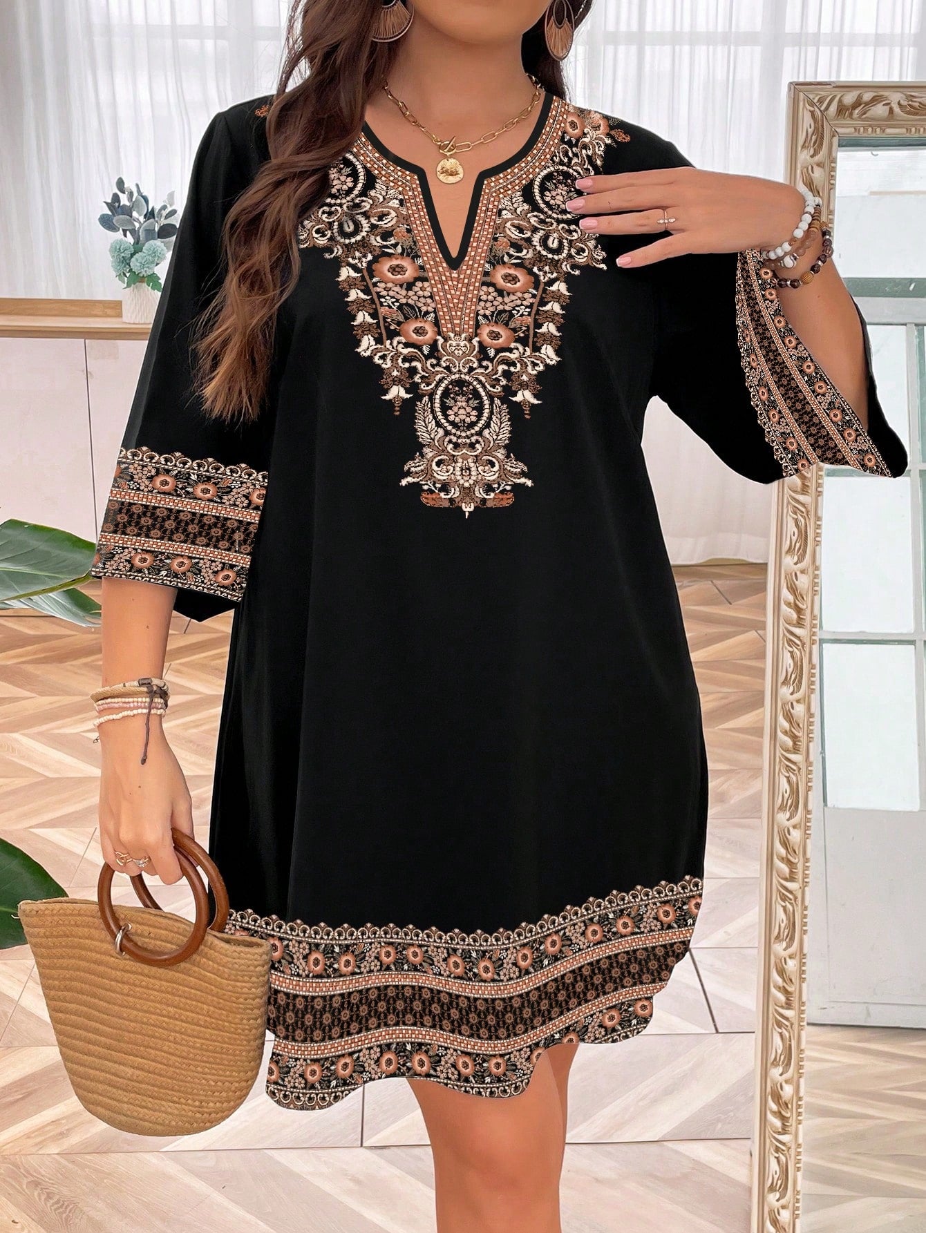 LUNE Plus Size Women's Vintage Style Embroidery Simple Daily Wear Dress