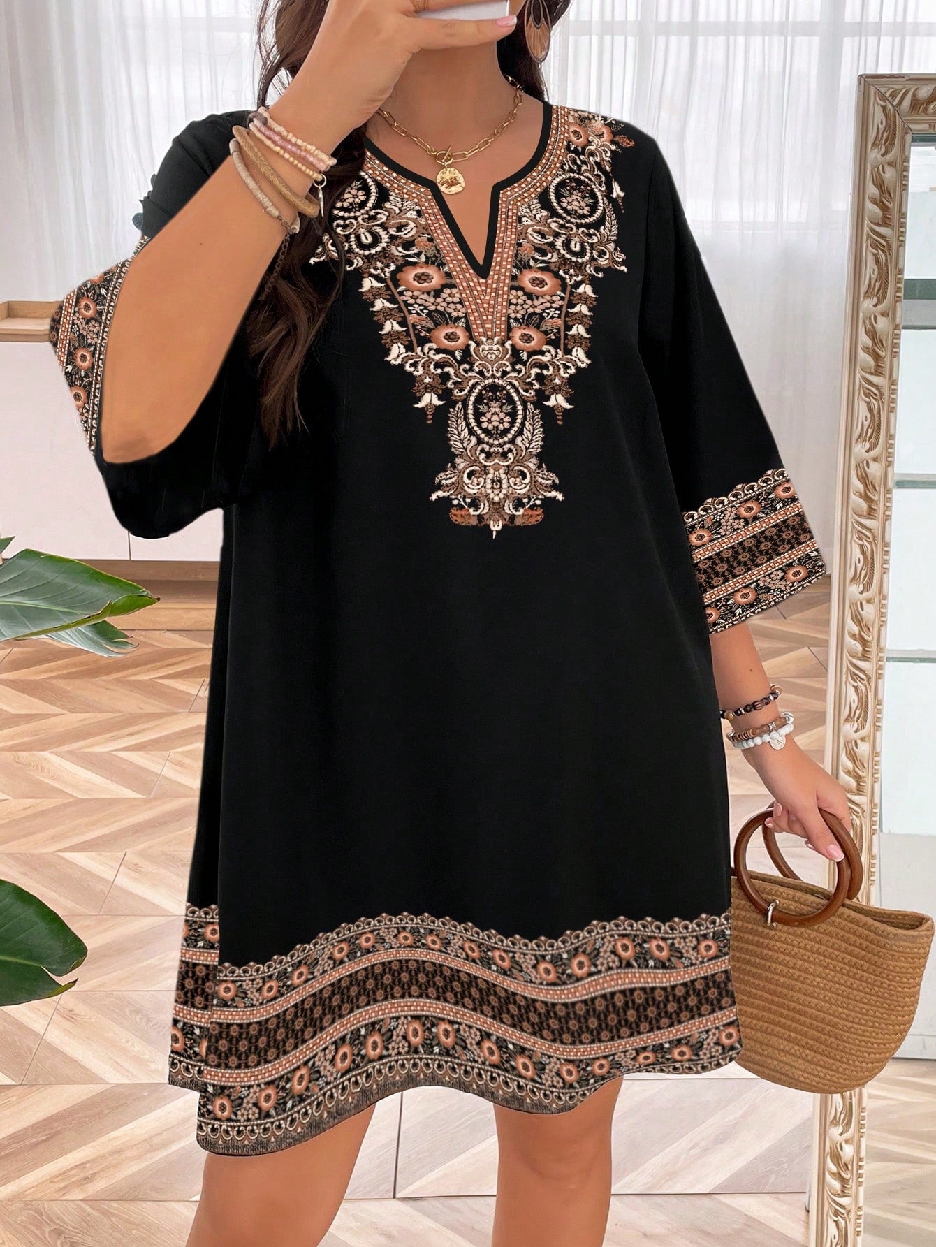 LUNE Plus Size Women's Vintage Style Embroidery Simple Daily Wear Dress