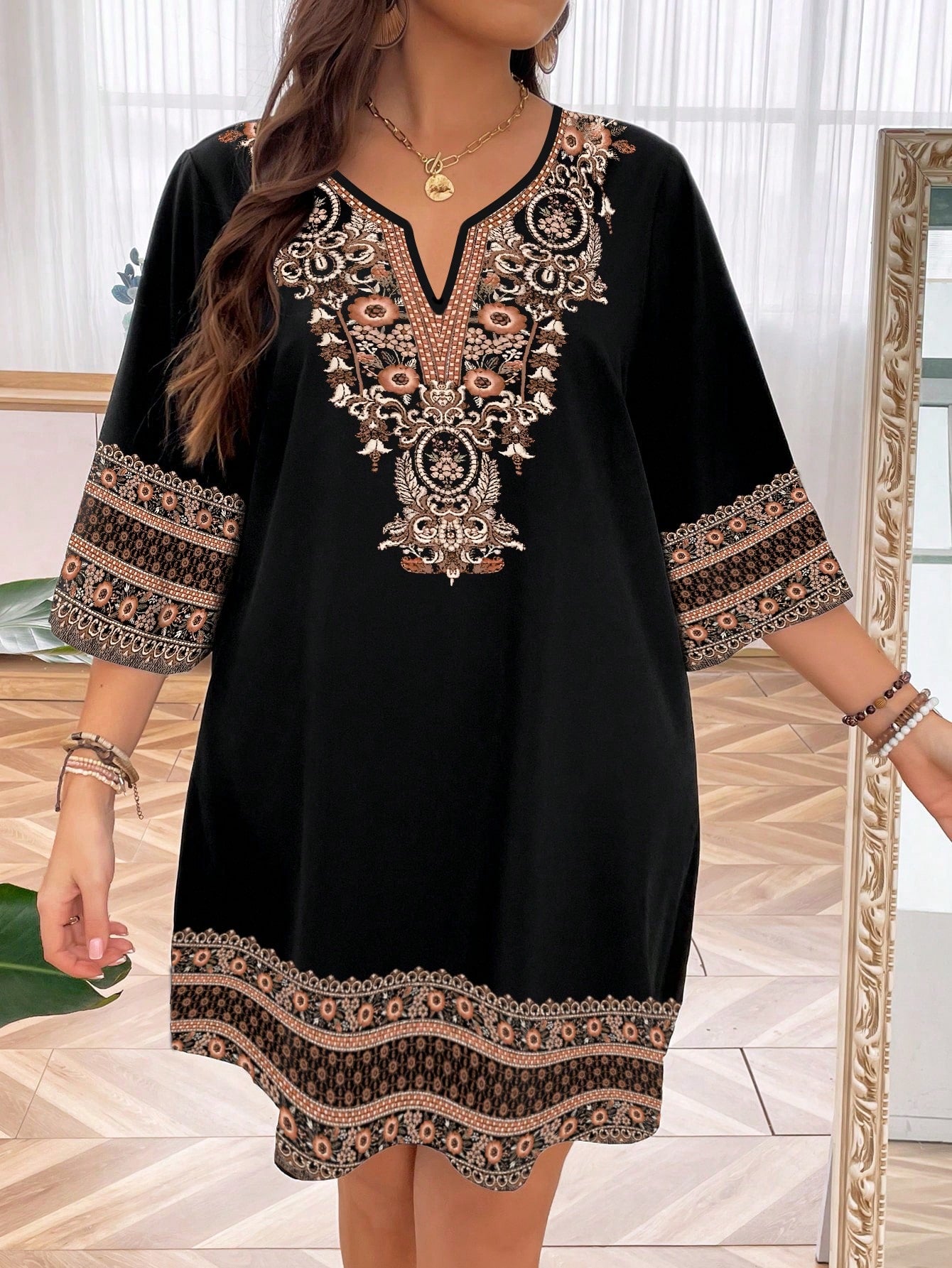 LUNE Plus Size Women's Vintage Style Embroidery Simple Daily Wear Dress