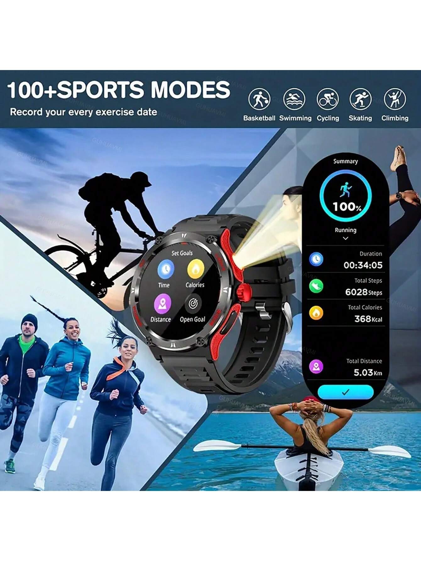 GUHUAVMI 1pc GUHUAVMI Outdoor Sports Smart Watch (Answer/Make Calls) For Men&Women, 1.53'' 360*360 HD Screen Watch With Wireless Call, Message Push, Weather, LED Flashlight, Compass, Sleep Monitoring, 100  Sport Modes Fitness Watch With Blood Pressure/Ox