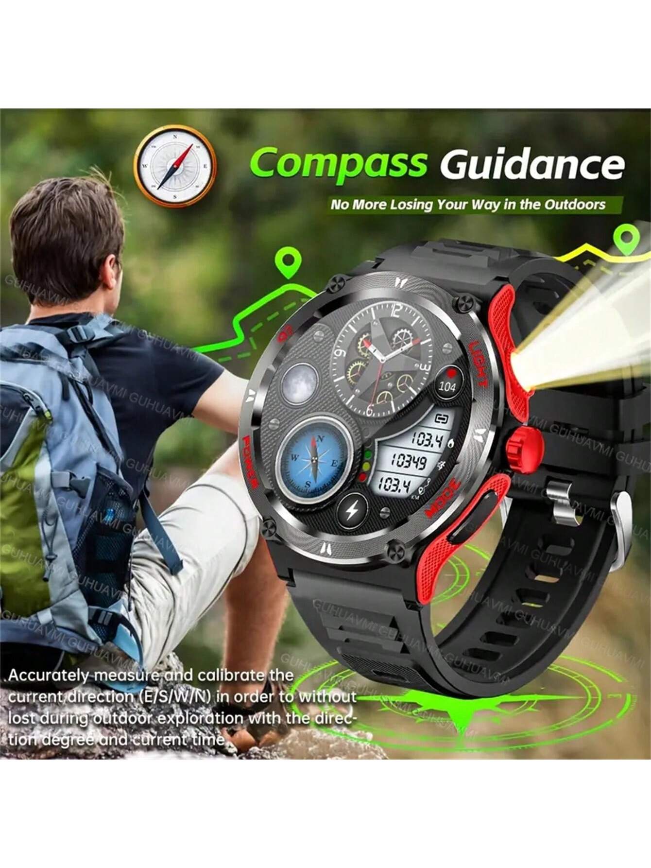 GUHUAVMI 1pc GUHUAVMI Outdoor Sports Smart Watch (Answer/Make Calls) For Men&Women, 1.53'' 360*360 HD Screen Watch With Wireless Call, Message Push, Weather, LED Flashlight, Compass, Sleep Monitoring, 100  Sport Modes Fitness Watch With Blood Pressure/Ox