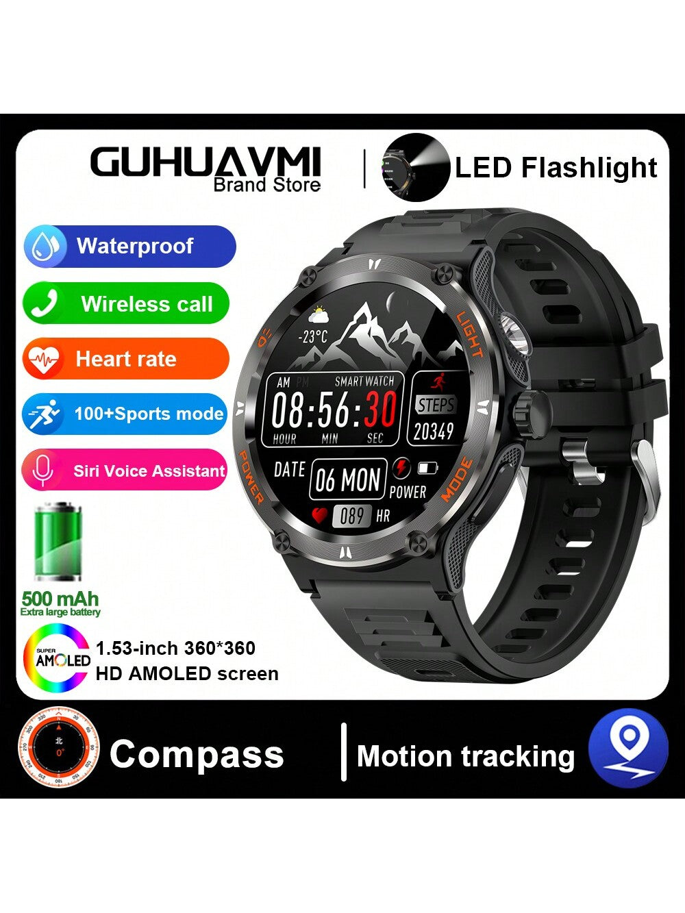 GUHUAVMI 1pc GUHUAVMI Outdoor Sports Smart Watch (Answer/Make Calls) For Men&Women, 1.53'' 360*360 HD Screen Watch With Wireless Call, Message Push, Weather, LED Flashlight, Compass, Sleep Monitoring, 100  Sport Modes Fitness Watch With Blood Pressure/Ox