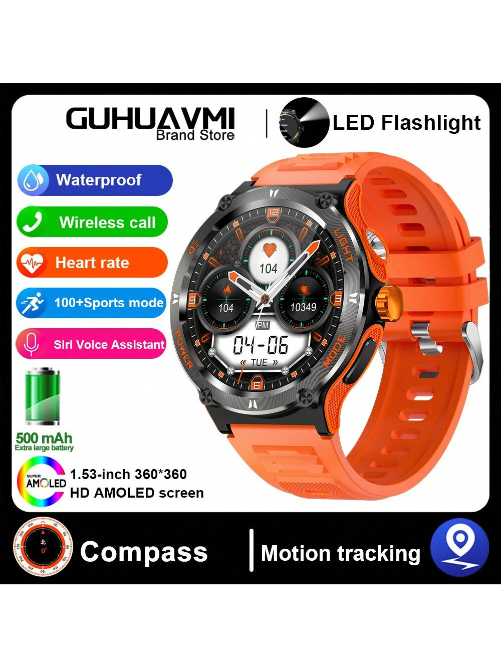 GUHUAVMI 1pc GUHUAVMI Outdoor Sports Smart Watch (Answer/Make Calls) For Men&Women, 1.53'' 360*360 HD Screen Watch With Wireless Call, Message Push, Weather, LED Flashlight, Compass, Sleep Monitoring, 100  Sport Modes Fitness Watch With Blood Pressure/Ox