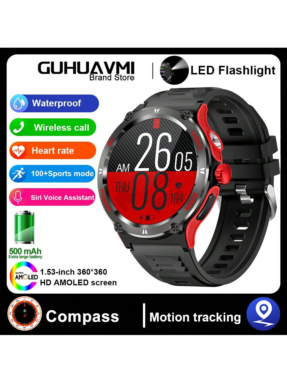 GUHUAVMI 1pc GUHUAVMI Outdoor Sports Smart Watch (Answer/Make Calls) For Men&Women, 1.53'' 360*360 HD Screen Watch With Wireless Call, Message Push, Weather, LED Flashlight, Compass, Sleep Monitoring, 100  Sport Modes Fitness Watch With Blood Pressure/Ox