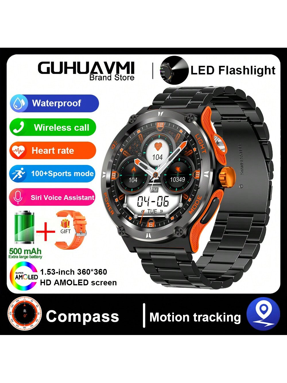 GUHUAVMI 1pc GUHUAVMI Outdoor Sports Smart Watch (Answer/Make Calls) For Men&Women, 1.53'' 360*360 HD Screen Watch With Wireless Call, Message Push, Weather, LED Flashlight, Compass, Sleep Monitoring, 100  Sport Modes Fitness Watch With Blood Pressure/Ox