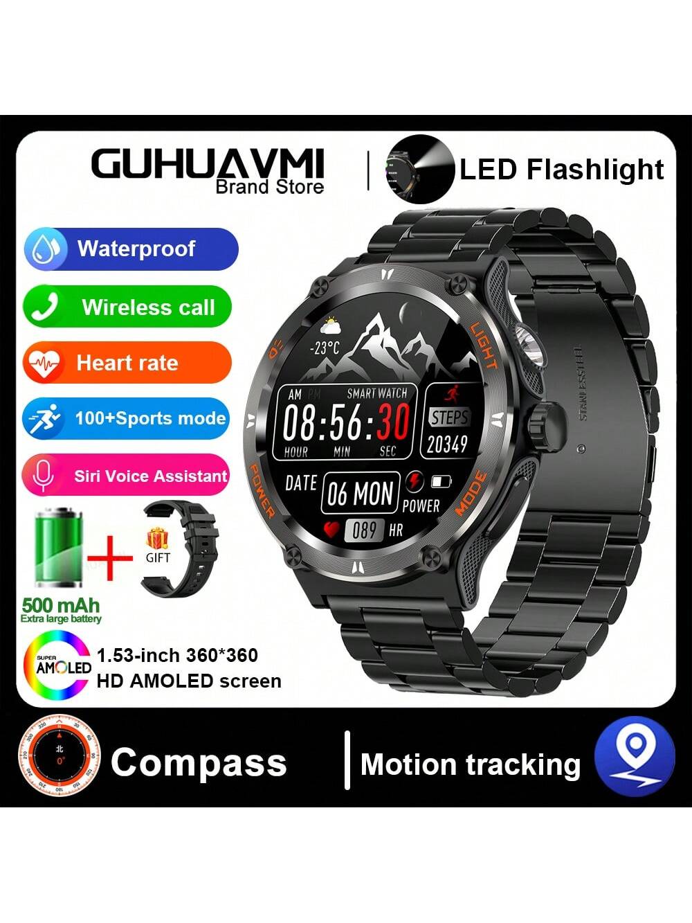 GUHUAVMI 1pc GUHUAVMI Outdoor Sports Smart Watch (Answer/Make Calls) For Men&Women, 1.53'' 360*360 HD Screen Watch With Wireless Call, Message Push, Weather, LED Flashlight, Compass, Sleep Monitoring, 100  Sport Modes Fitness Watch With Blood Pressure/Ox