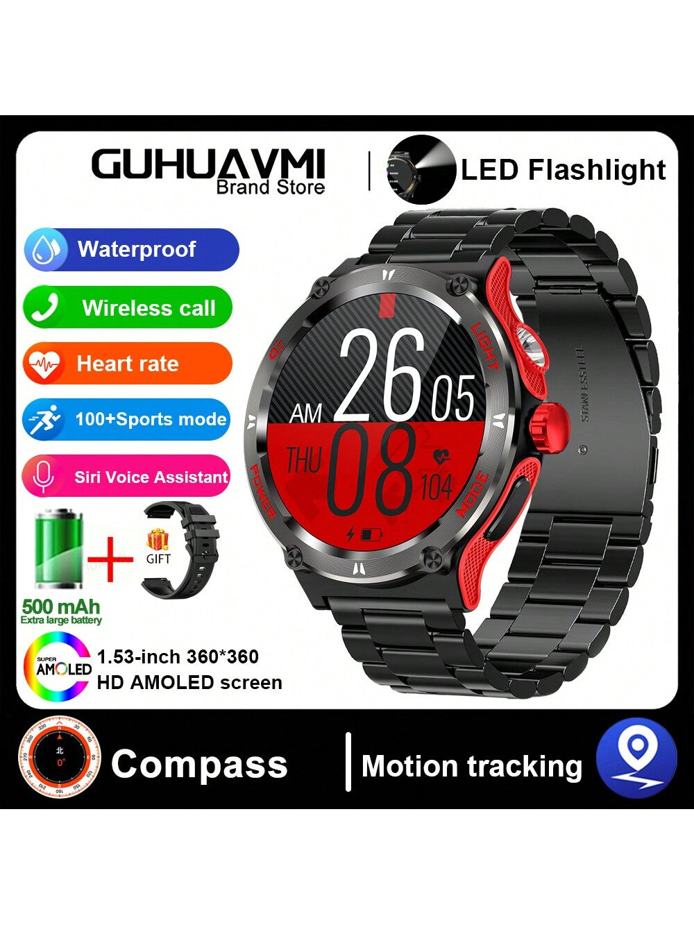 GUHUAVMI 1pc GUHUAVMI Outdoor Sports Smart Watch (Answer/Make Calls) For Men&Women, 1.53'' 360*360 HD Screen Watch With Wireless Call, Message Push, Weather, LED Flashlight, Compass, Sleep Monitoring, 100  Sport Modes Fitness Watch With Blood Pressure/Ox