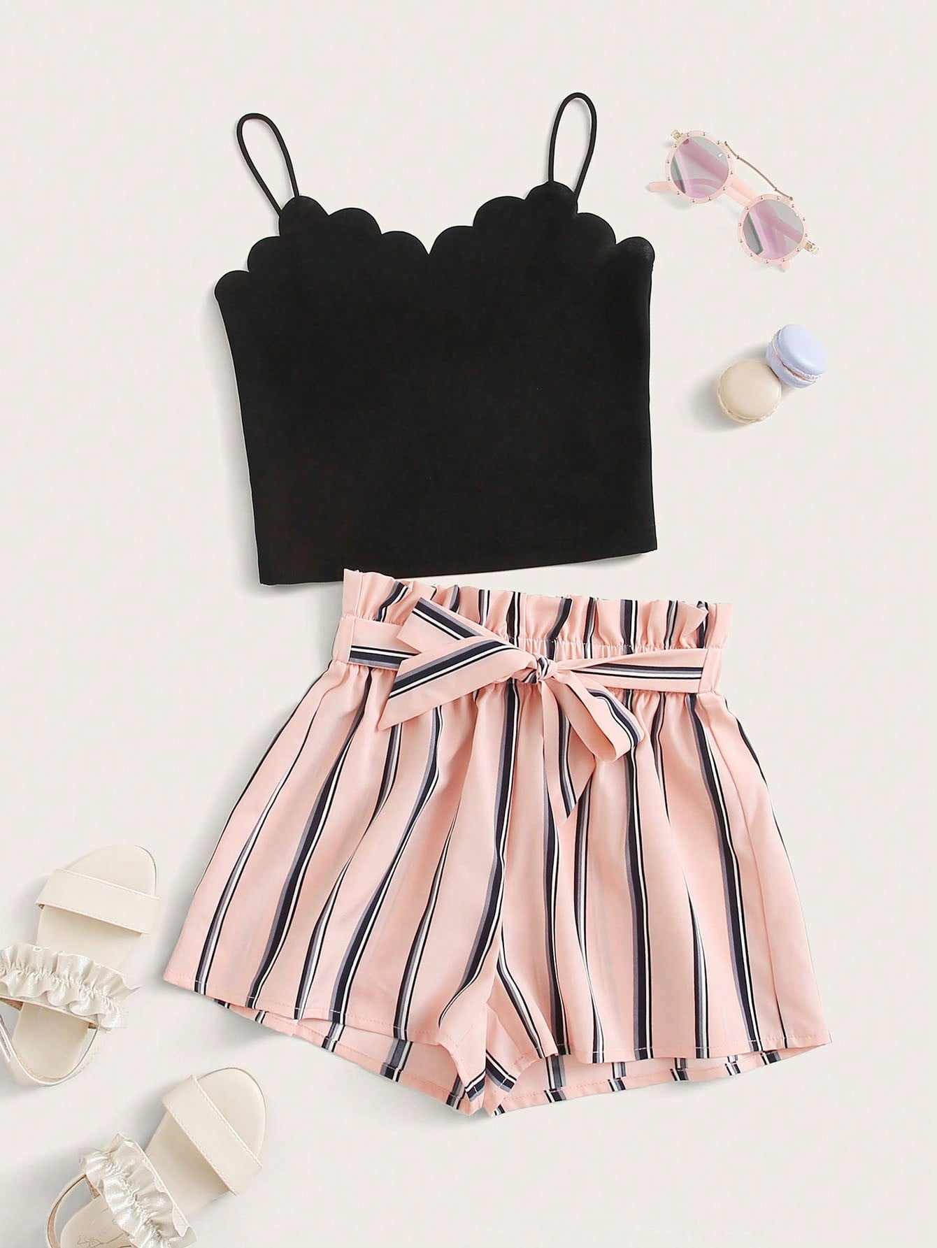 Tween Girl Scallop Edge Cami Top And Paperbag Waist Shorts Set