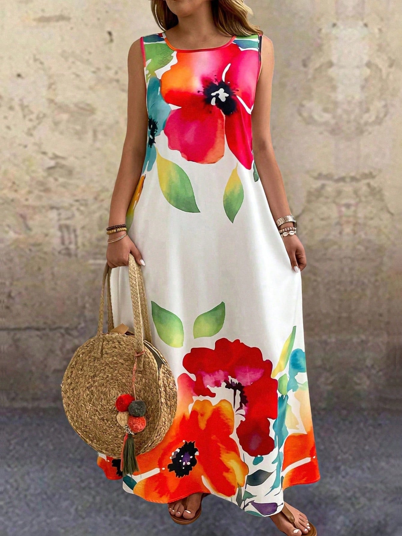 LUNE Women Floral Print Round Neck Sleeveless Loose Elegant Chic Dress Maxi Women Outfit