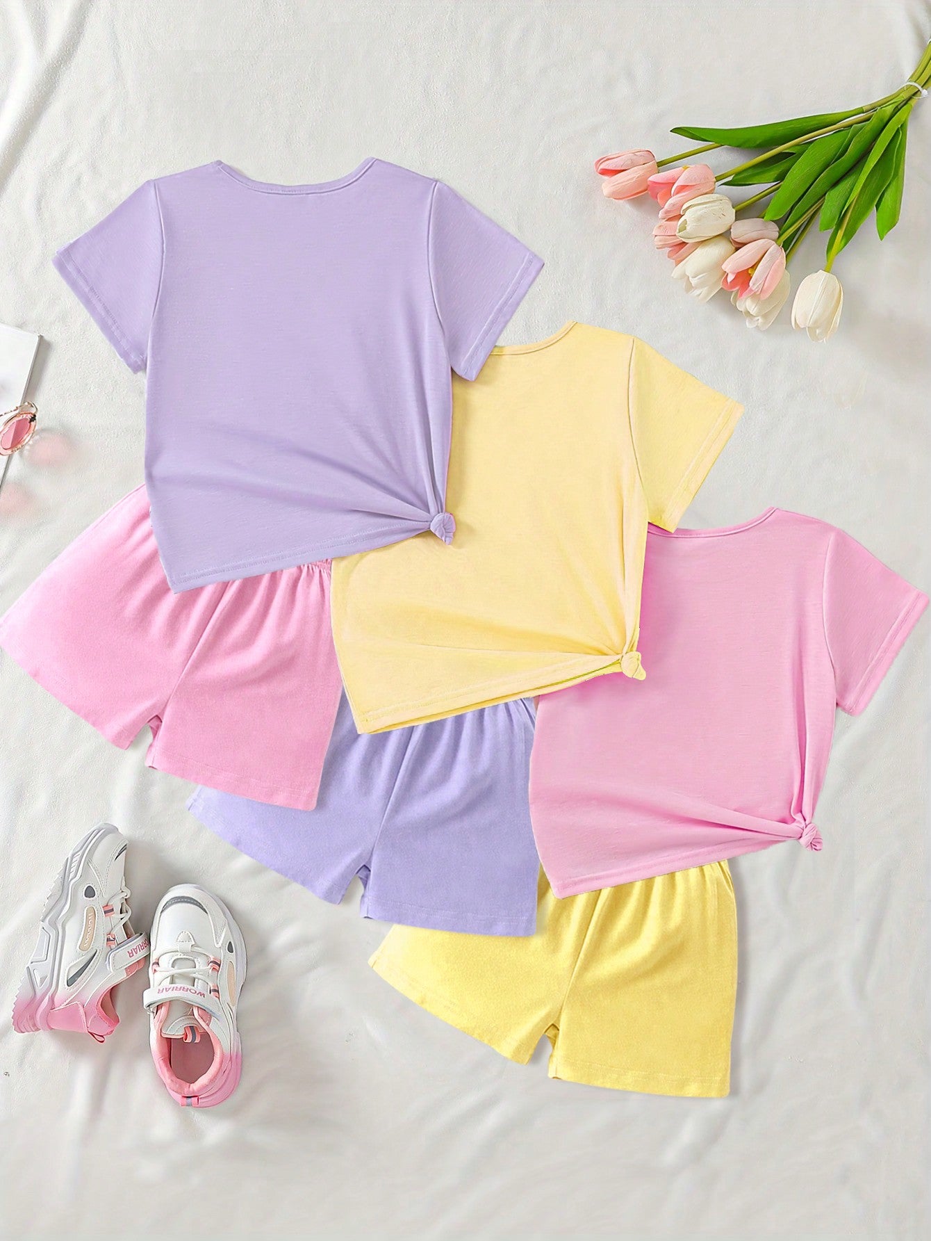 3pcs/Set Young Girl Fashionable And Cute Cartoon Unicorn Rainbow Pattern Printed Short Sleeve T-Shirt And Shorts Set