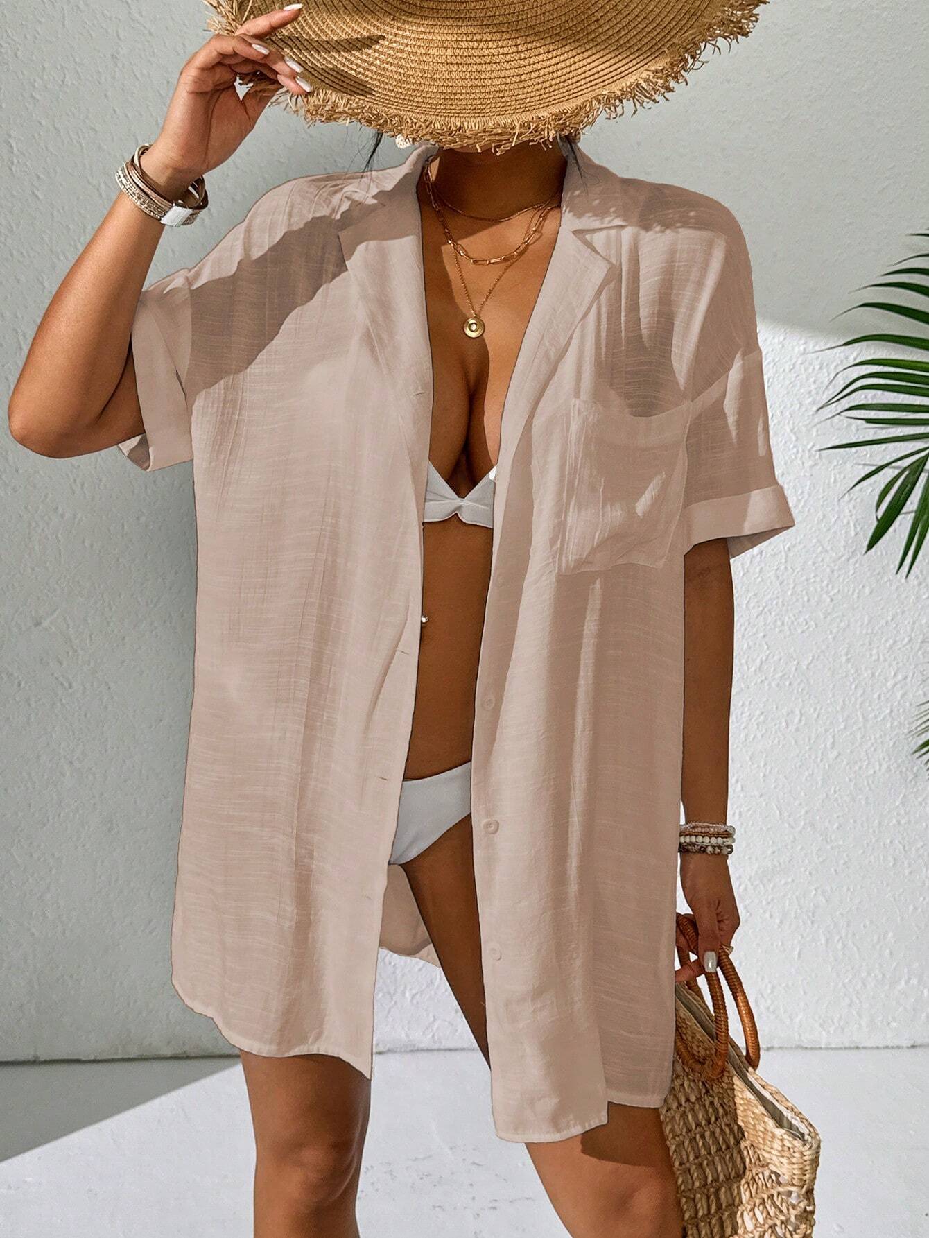 Swim Women Simple Solid Color Short Sleeve Kimono Cover Up,Summer Beach