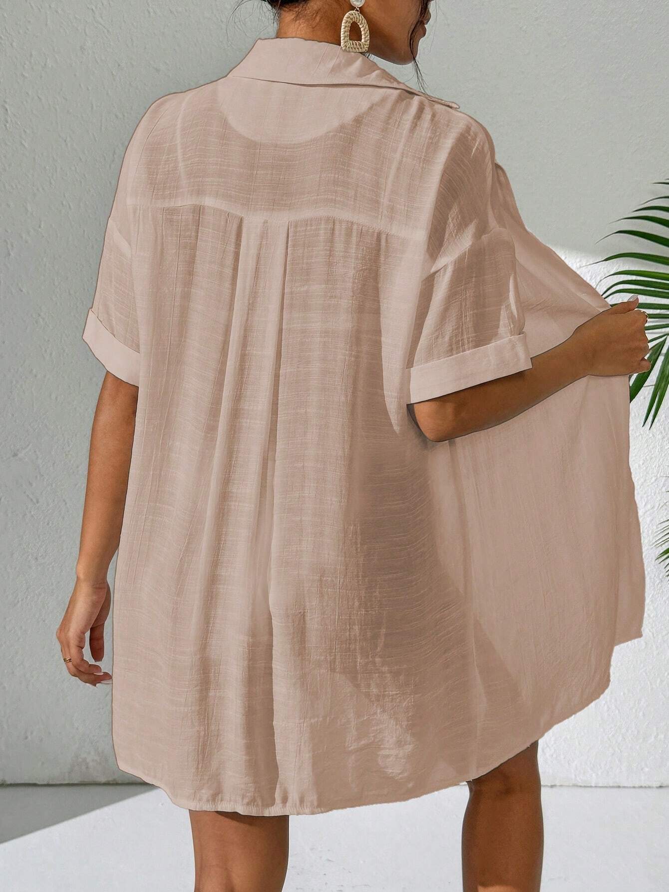 Swim Women Simple Solid Color Short Sleeve Kimono Cover Up,Summer Beach