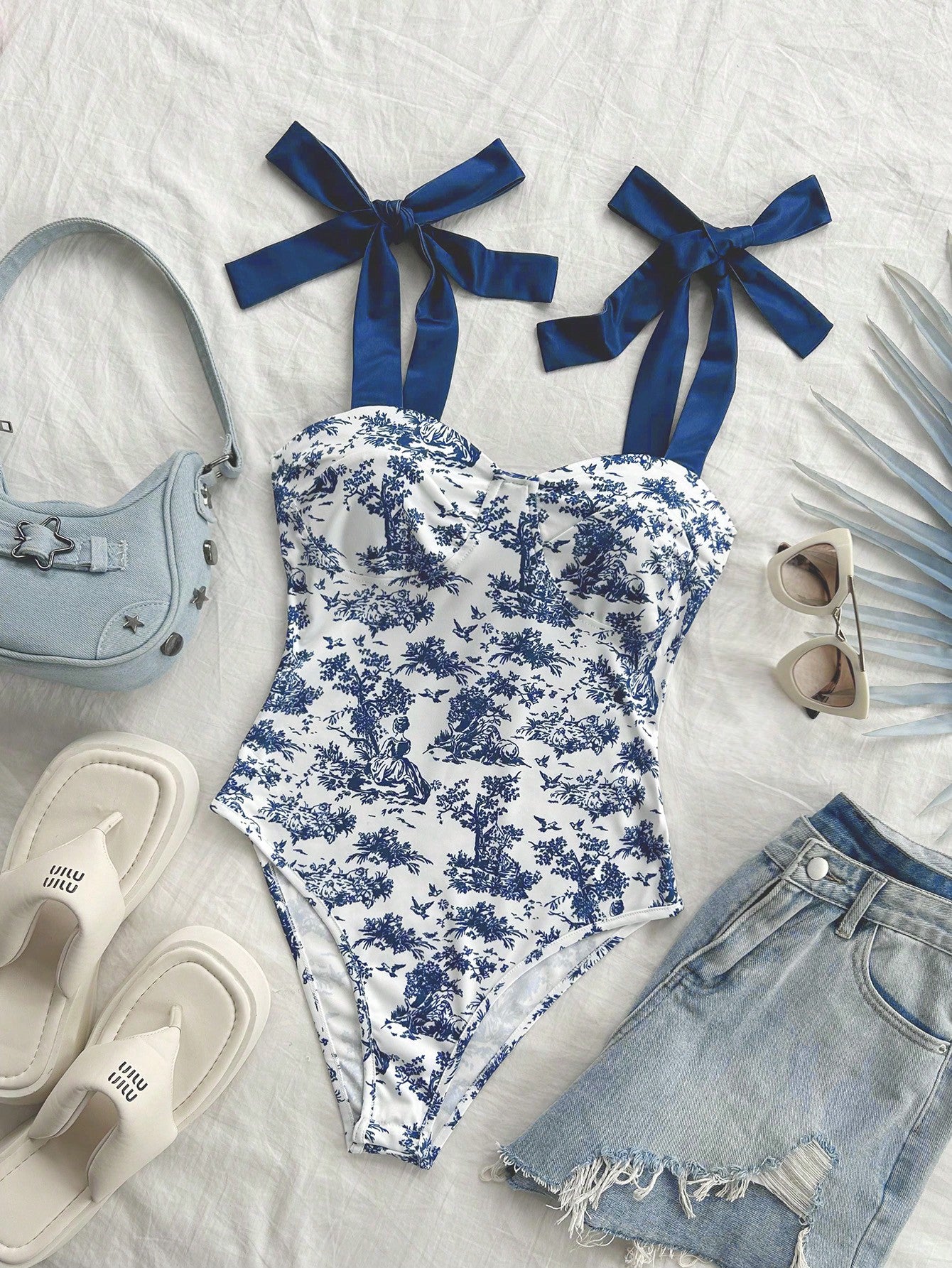 Dreamara Fashionable Blue And White Color-Blocked Bodysuit For Beach Vacation