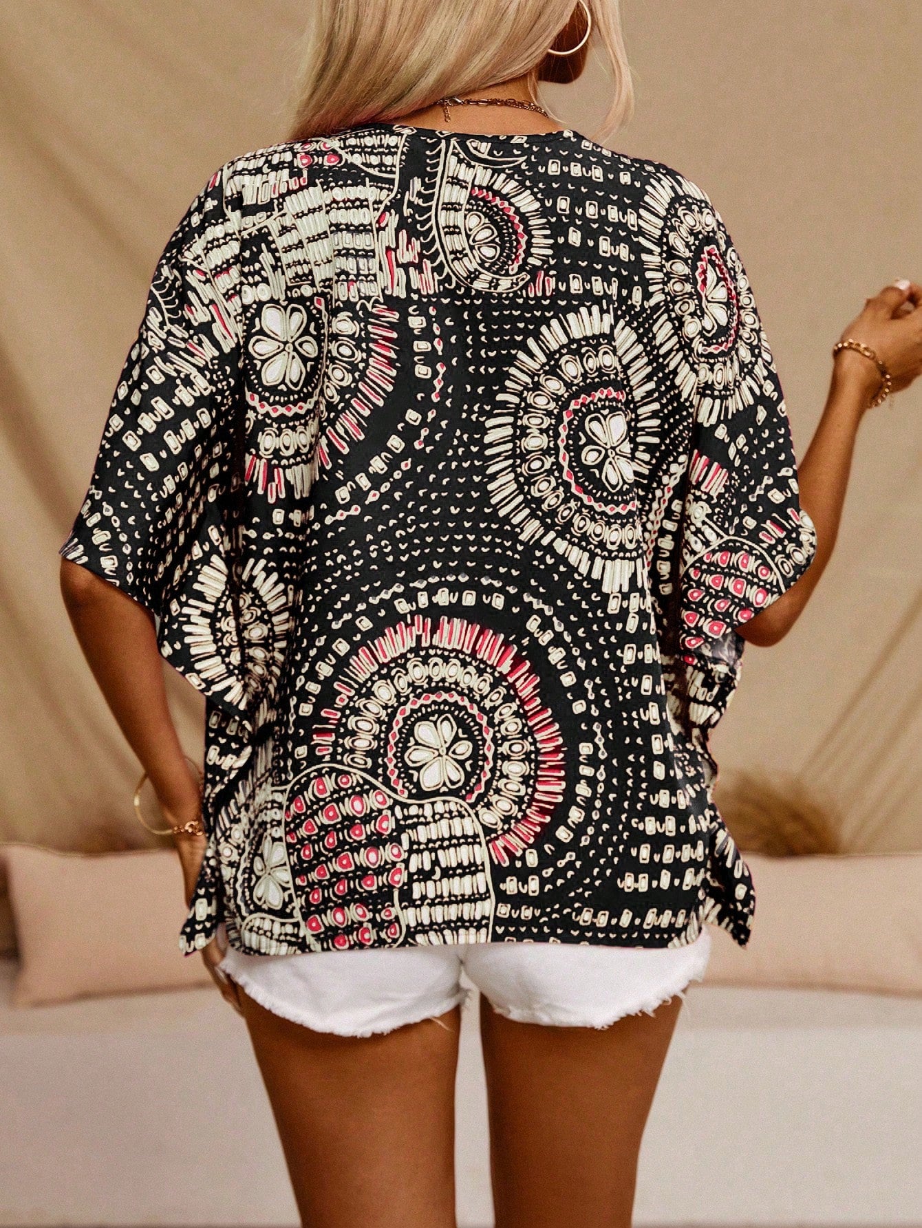 Holidaya Allover Print Batwing Sleeve Blouse For Dailywear