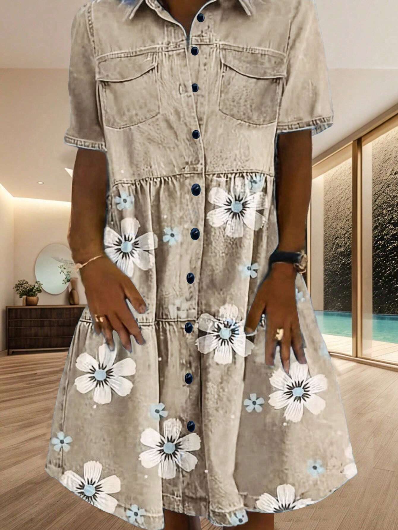 SHEIN LUNE Plus Floral Print Flap Pocket Shirt Dress For Summer