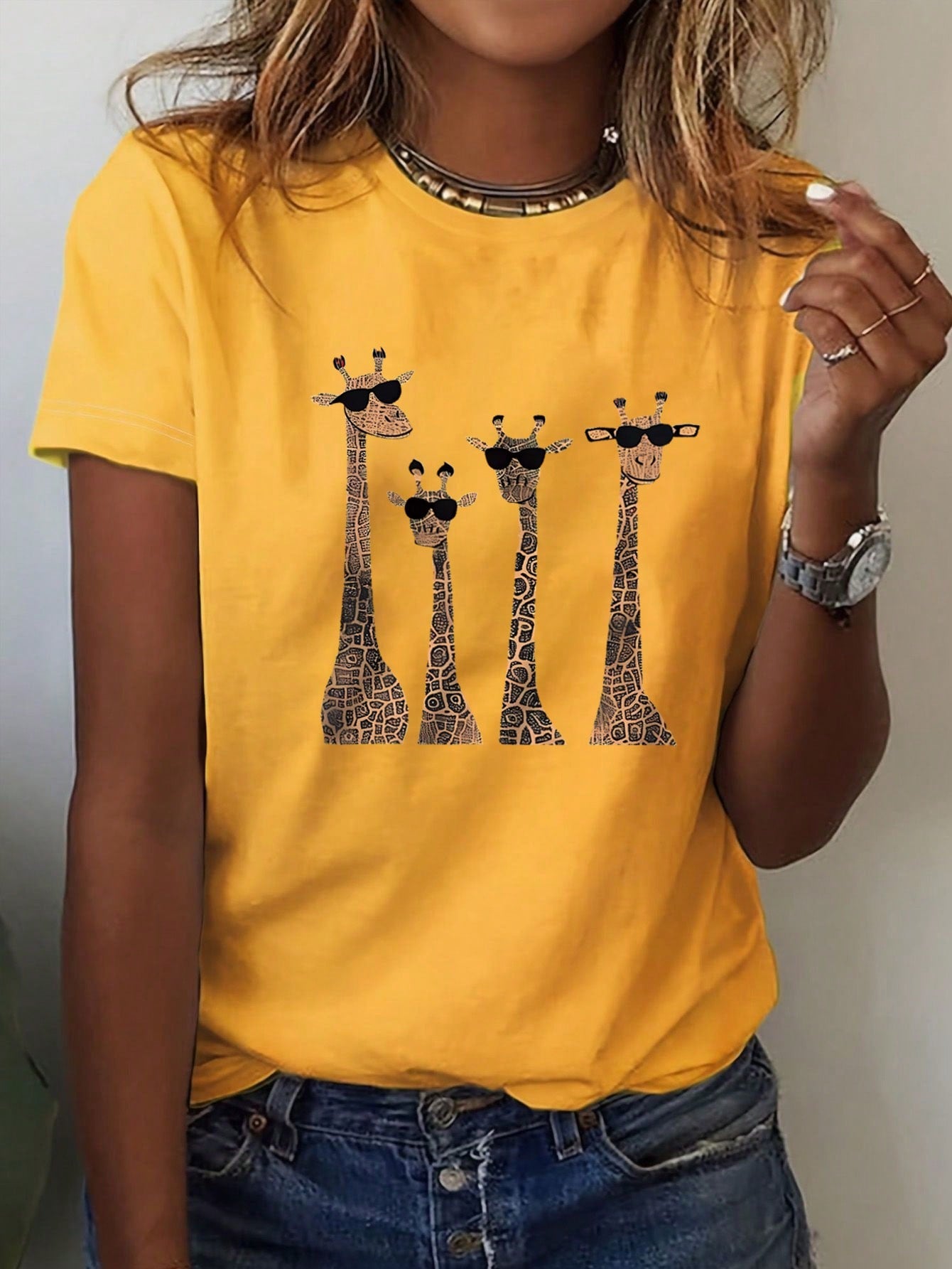 LUNE 4pcs Giraffe Pattern Short Sleeve T-Shirt With Eye Decoration, Casual