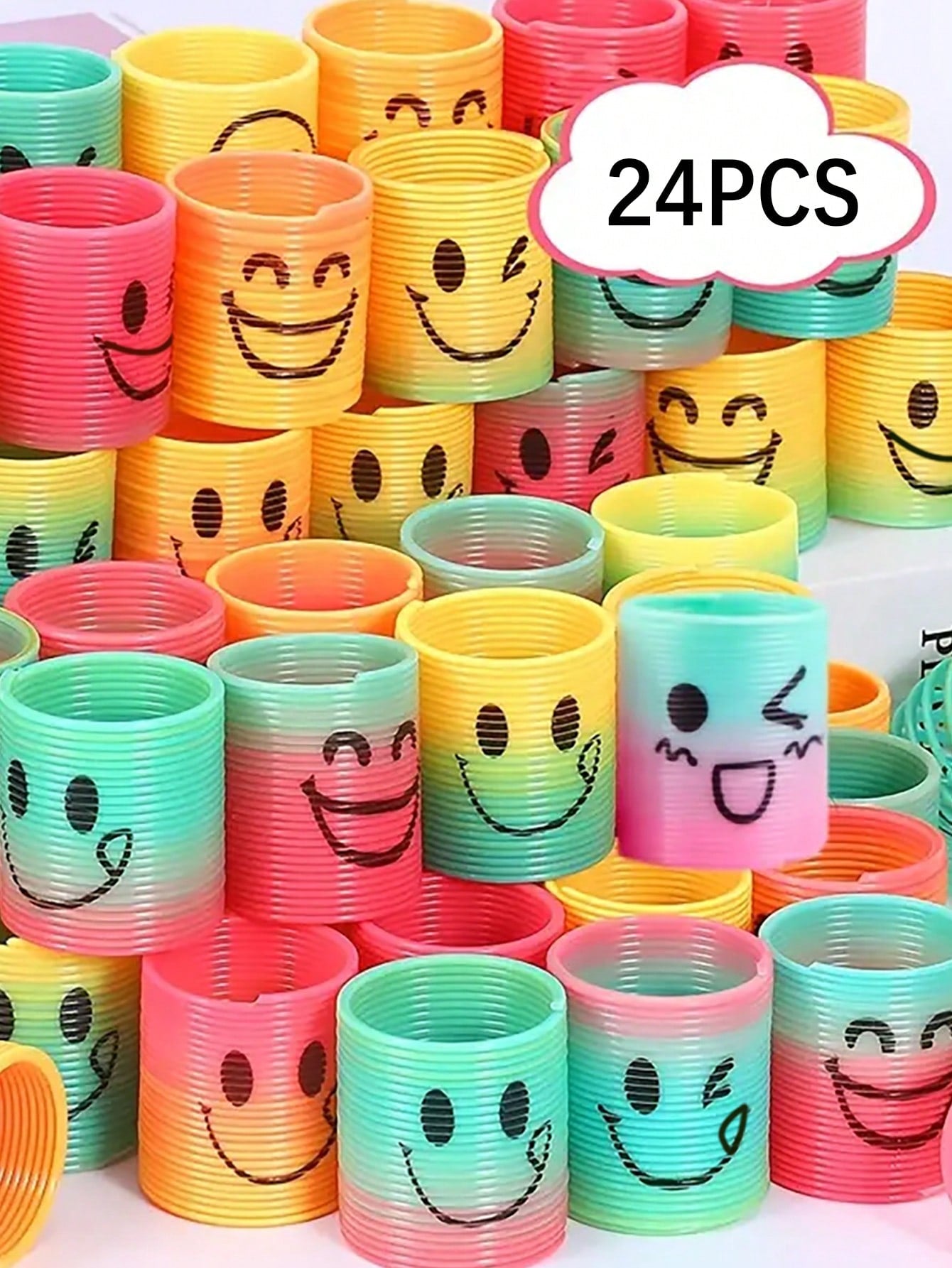 12pcs/24pcs Mini Emoticon Rainbow Circle Stretchy Coil Toys, Summer Party Favors, Rainbow Spring Toys, Mini Plastic Coils, Birthday Party Gifts, Classroom Prizes, Christmas/Party Bag Fillers