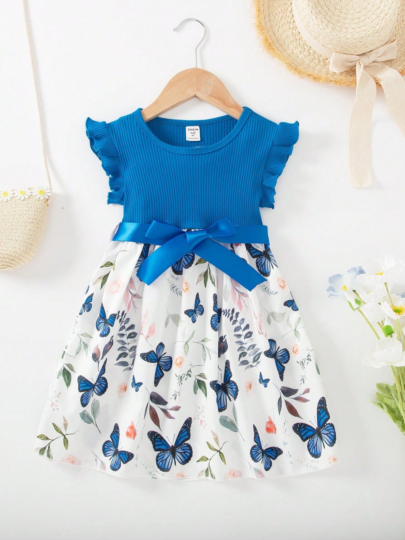 Young Girl Butterfly & Plant Print Belted Dress