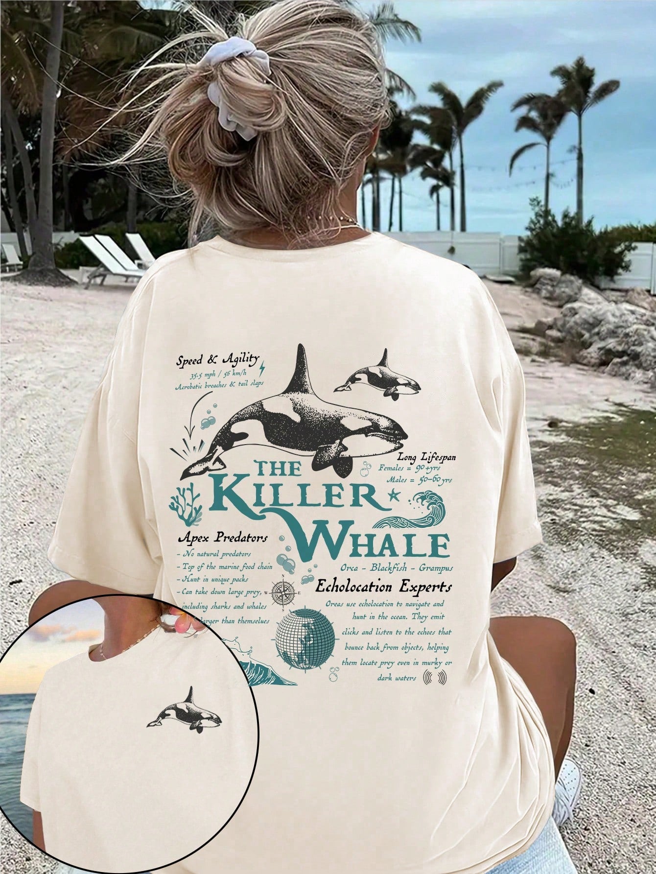 EZwear Loose Fit Graphic T-Shirt With Ocean Life Whale Print, Summer Round Neck Tee THE KILLER WHALE