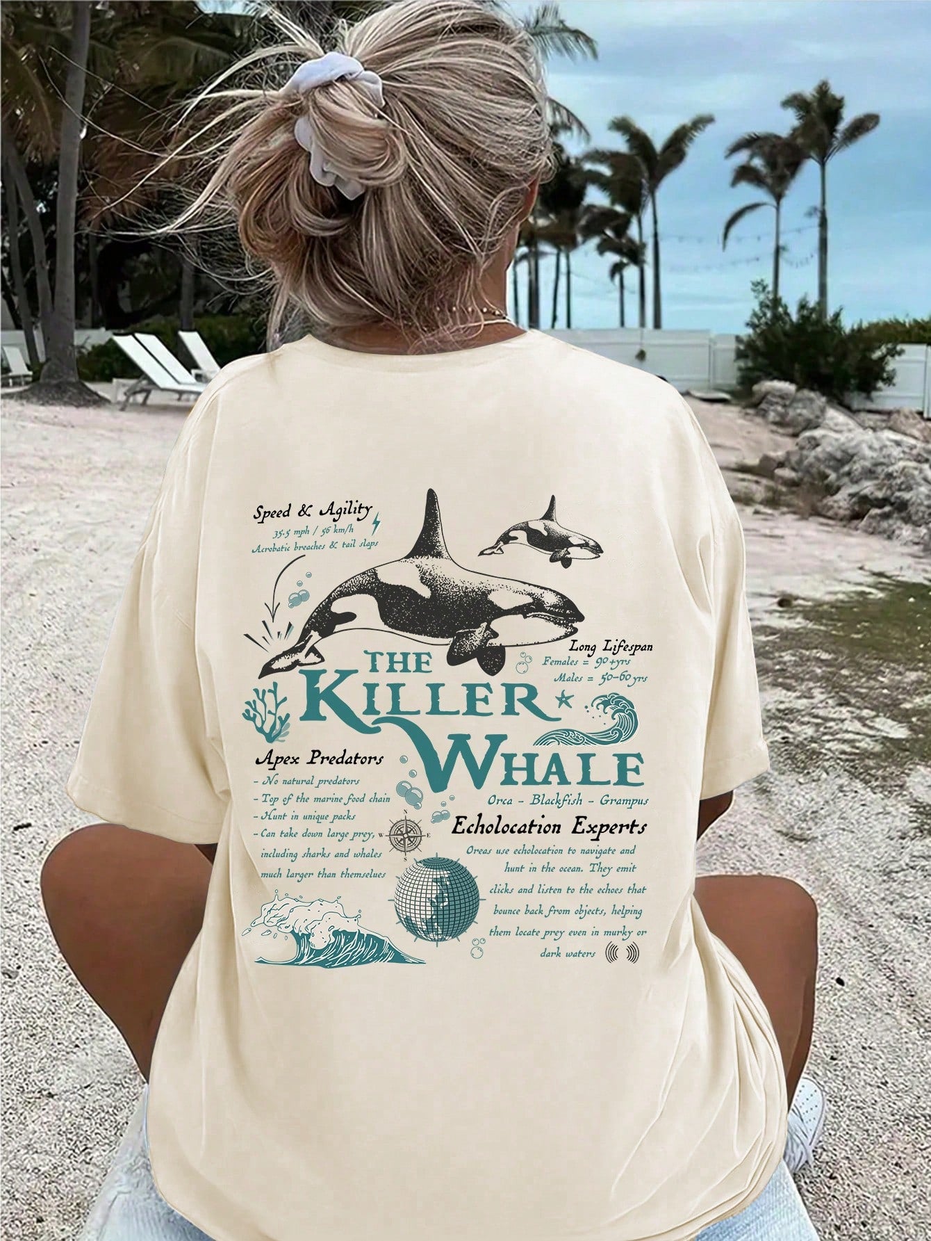 EZwear Loose Fit Graphic T-Shirt With Ocean Life Whale Print, Summer Round Neck Tee THE KILLER WHALE