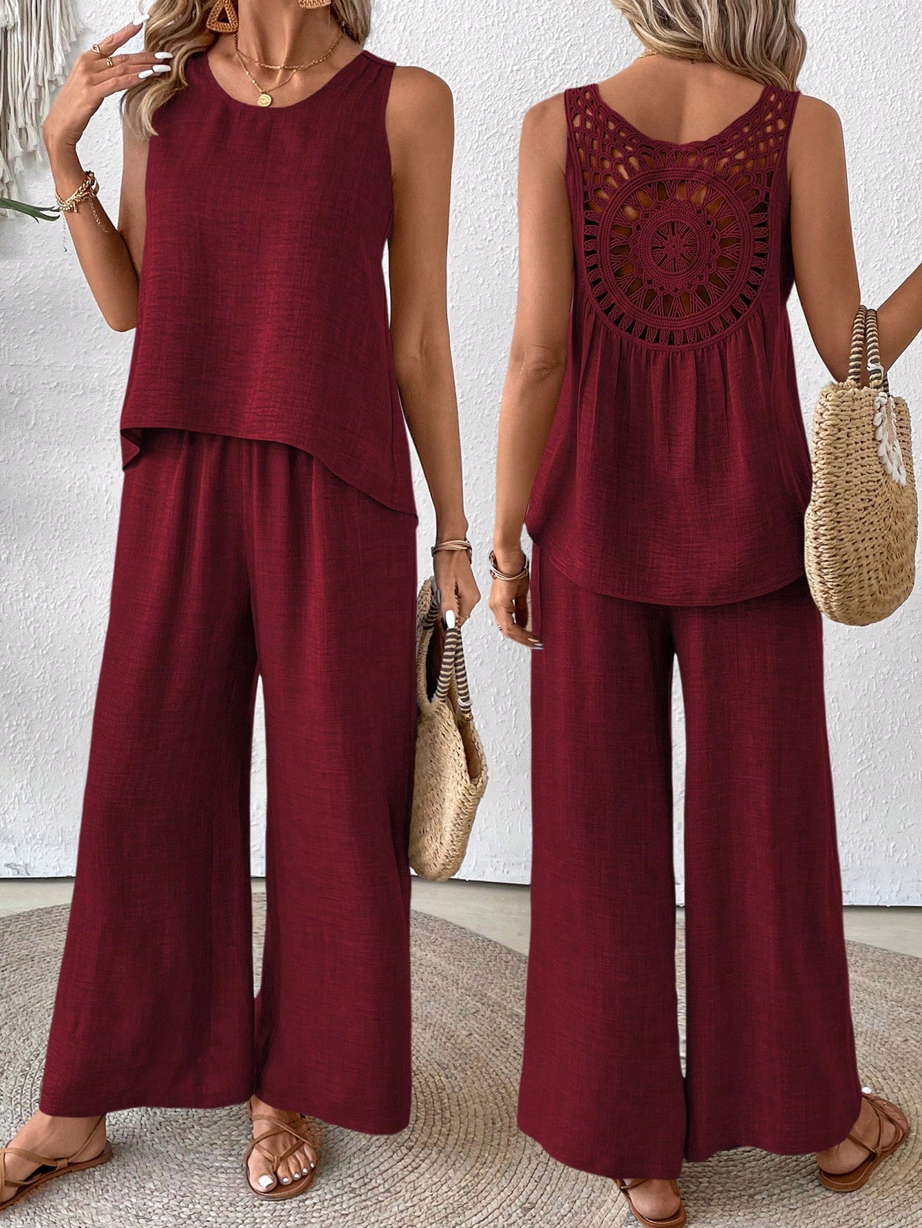 Holidaya Round Neck Solid Color Lace Spliced Sleeveless Top And Trouser, 2pcs/Set