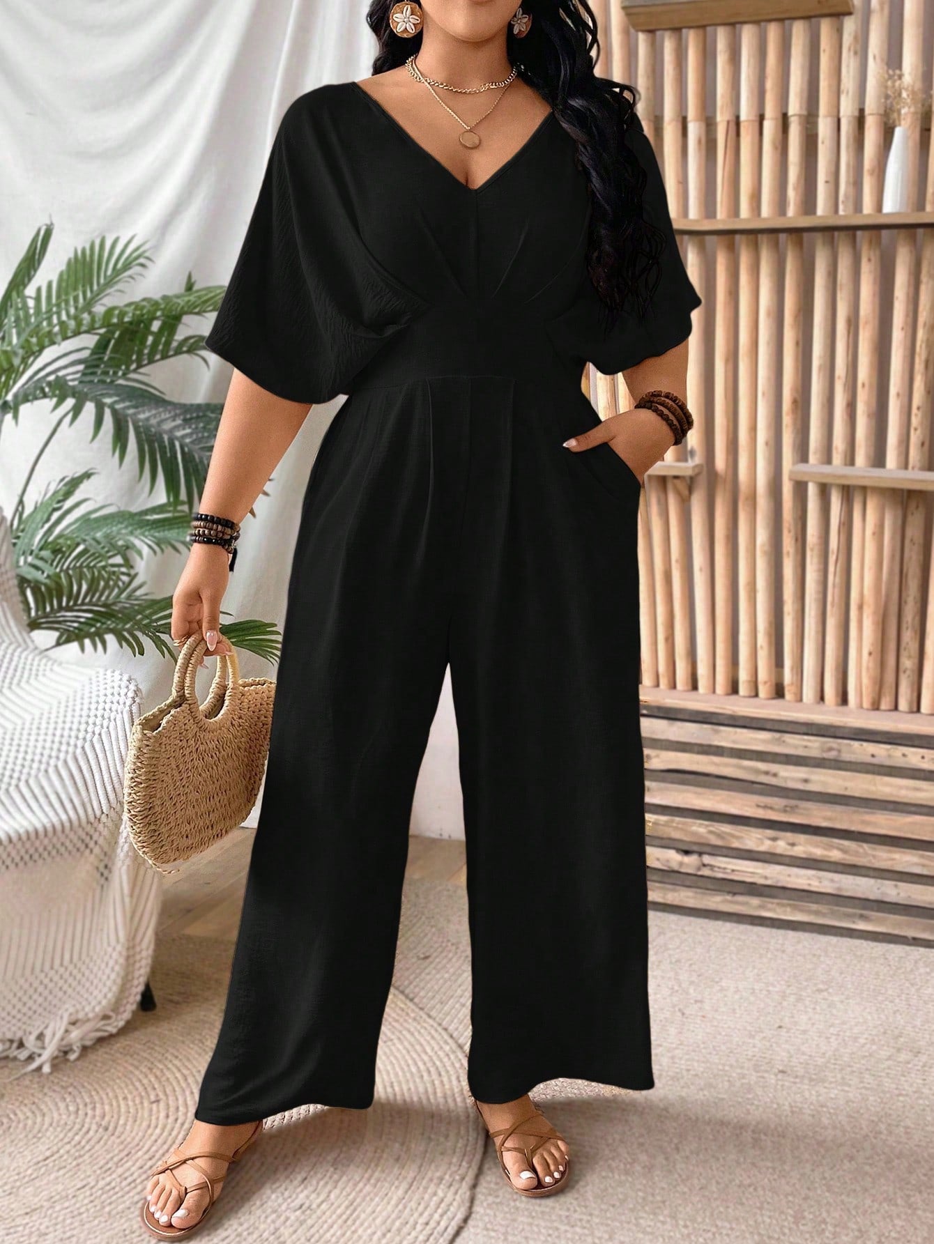 VCAY Plus Size Backless Short Sleeve Jumpsuit For Commuting