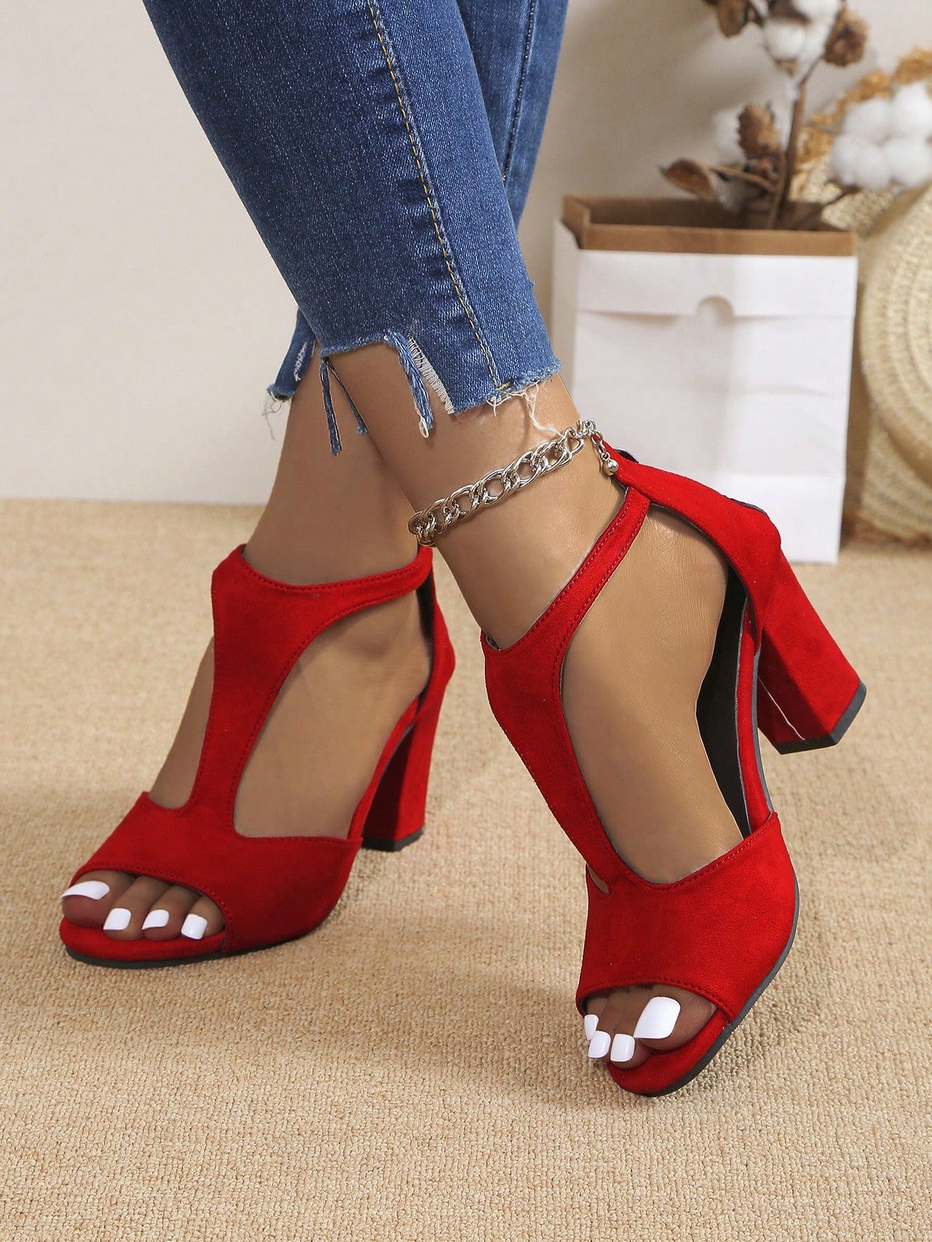 Women's Fashion High-Heeled Sandals, Chunky Heel Peep Toe Shoes With Elegant Suede Design, Women's All-Match Casual Sandals