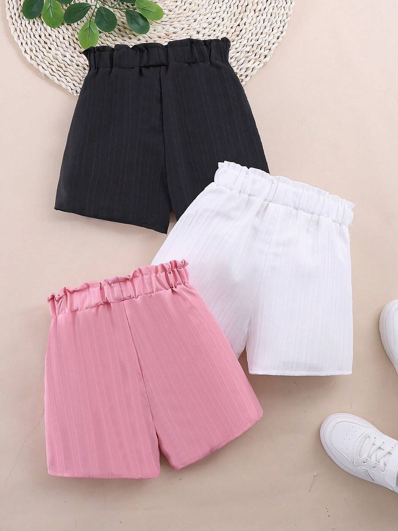 3pcs/Set Tween Girl Casual Solid Color Buttoned Shorts, Summer