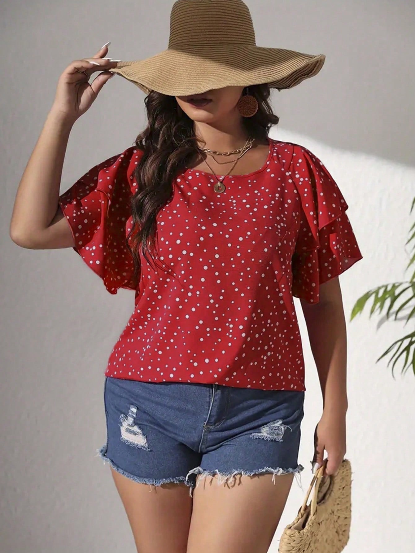 Privé Plus Polka Dot Print Butterfly Sleeve Blouse For Summer Vacation