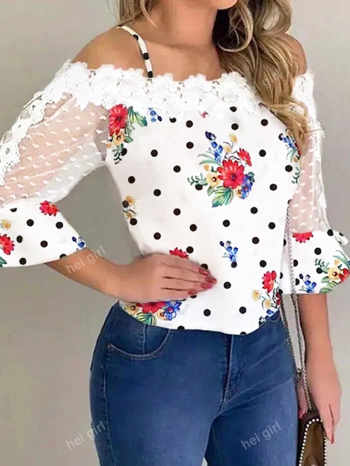 Lace Mesh Patchwork Flower Print Loose Fit Blouse With Tie Front, Square Neckline