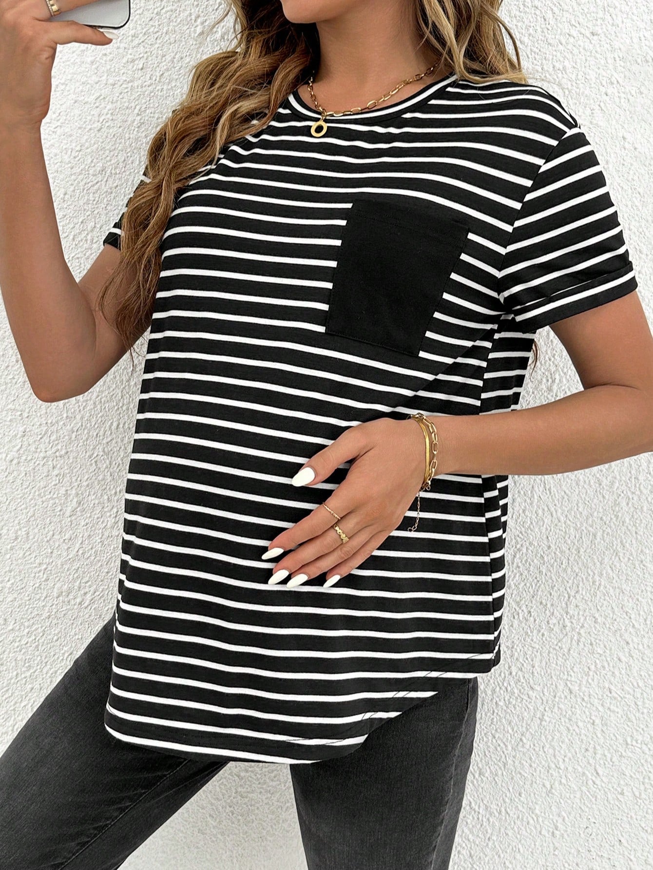 SHEIN Maternity Casual/Commute Striped Round Collar Short Sleeve T-Shirt