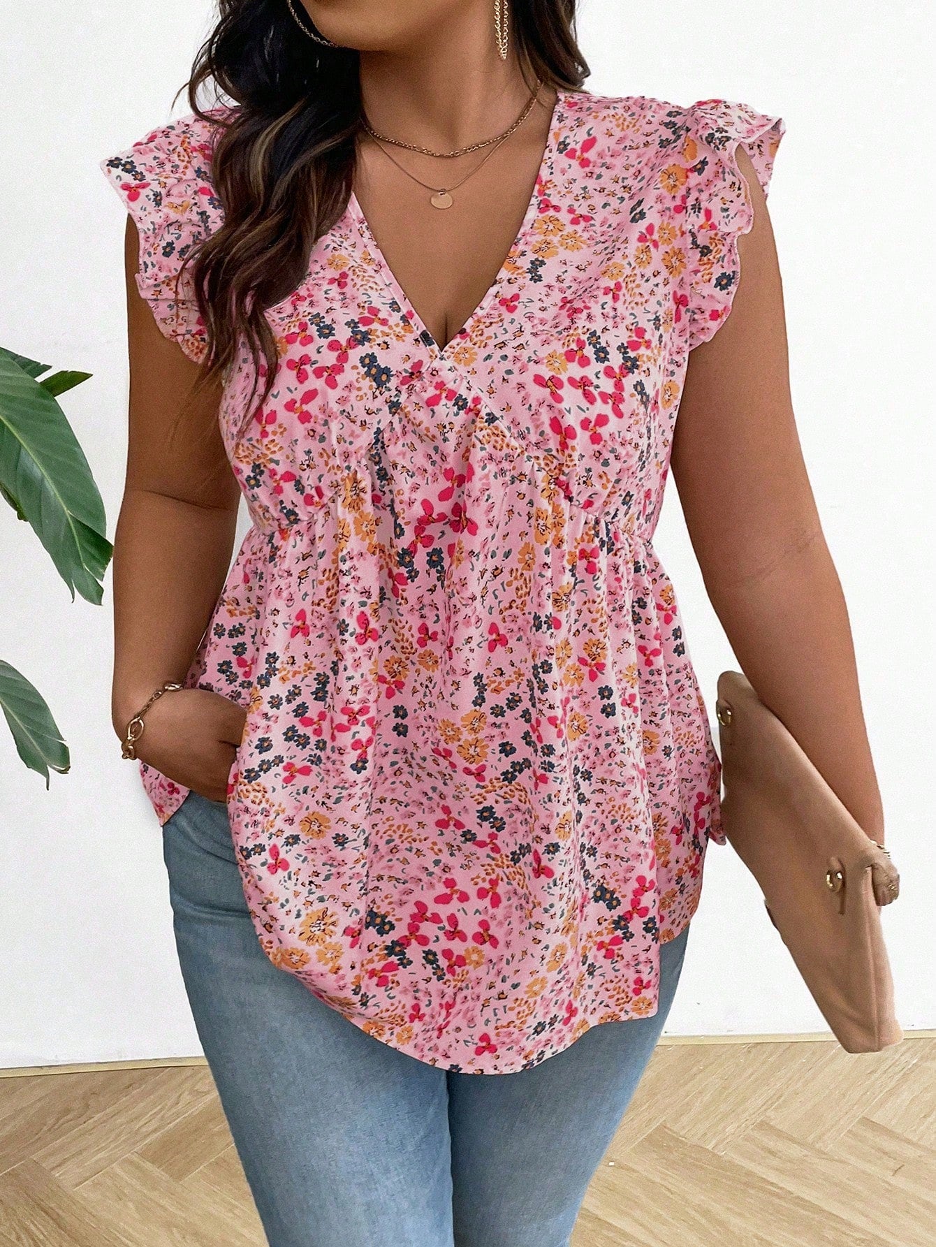 LUNE Plus Size Summer Ruffle Trim Floral Print Shirt