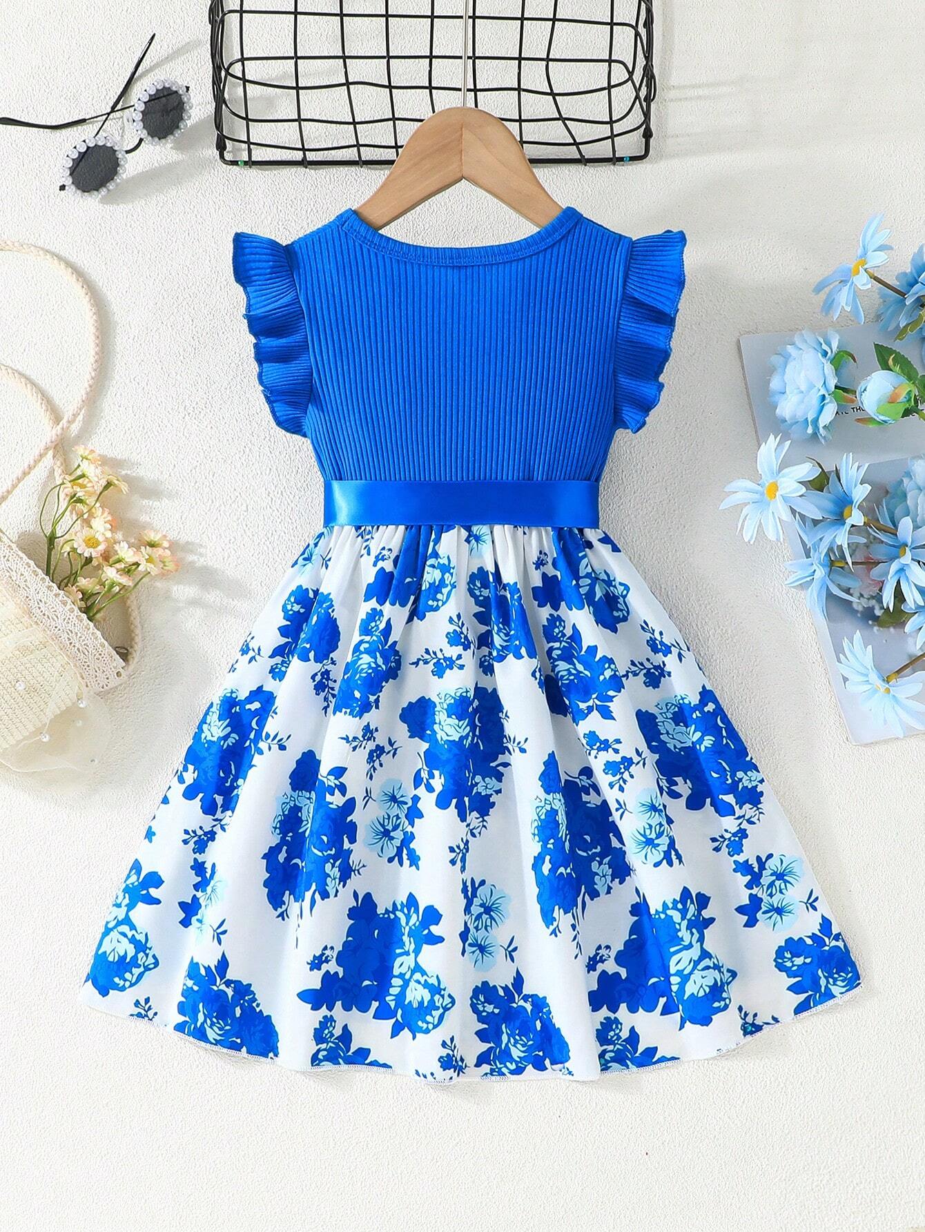 Young Girl Summer New Arrival Fashionable Dress With Ruffle Cuffs And Pocket Design, Featuring Floral Print And Striped Patchwork Details