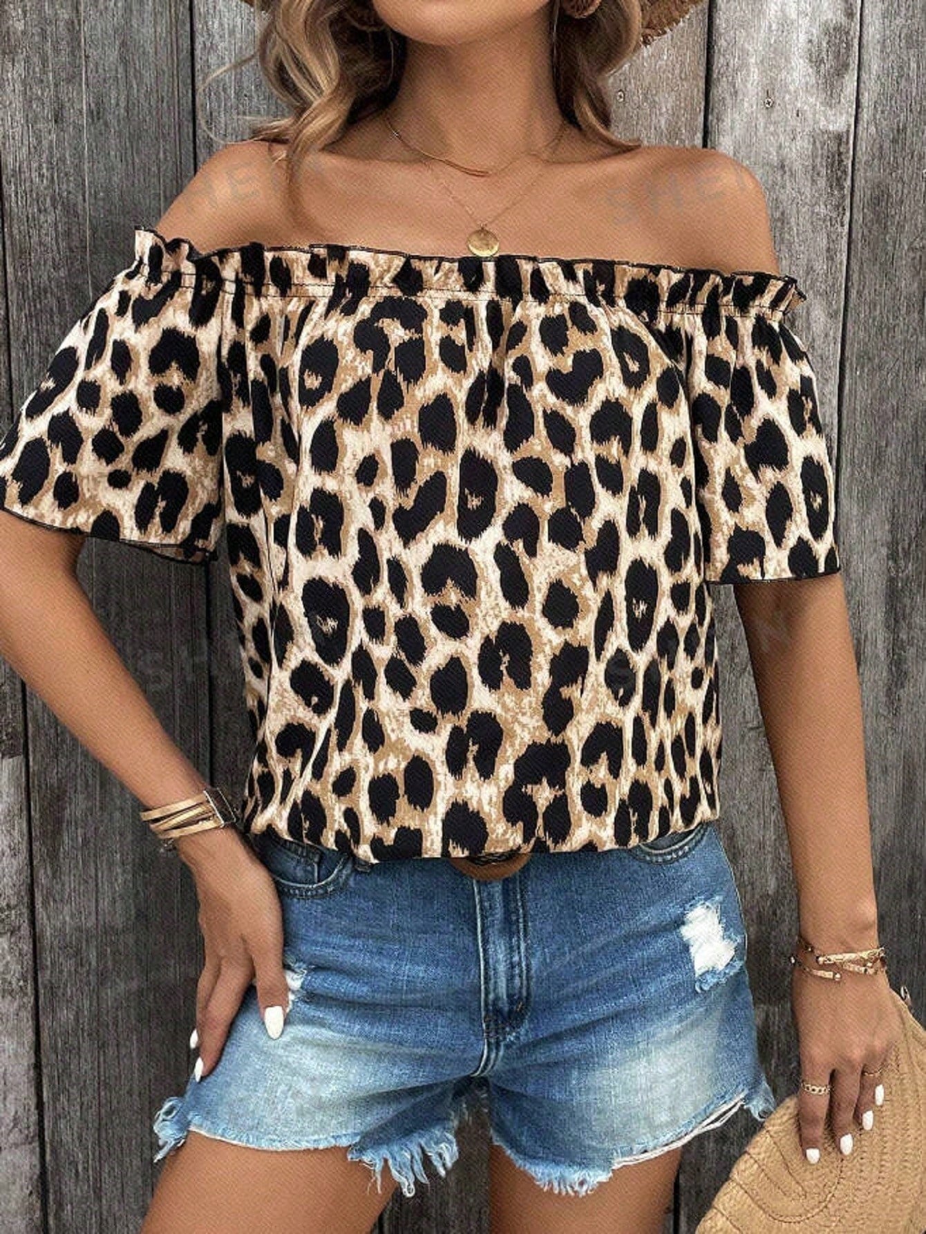 LUNE Plus Leopard Print Off Shoulder Blouse For Summer Vacation