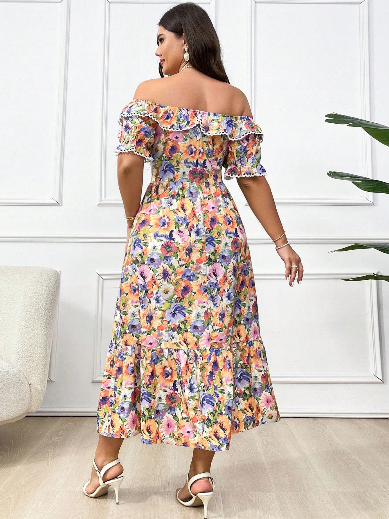 Mulvari Plus Allover Floral Print Off Shoulder Ruffle Trim Dress, Perfect For Beach/Casual/Vacation/Evening Or Any Other Formal Occasions