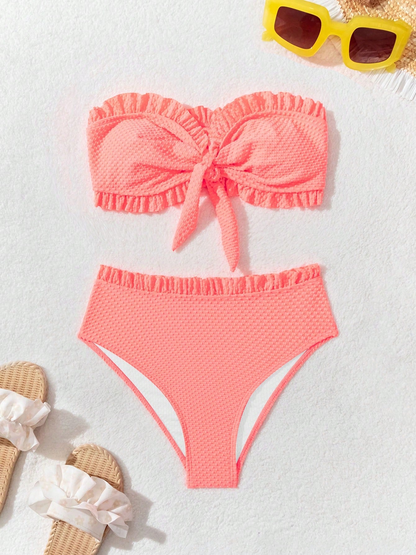 Women's Solid Color Ruffle Bandeau Sexy Bikini Set For Summer Beach