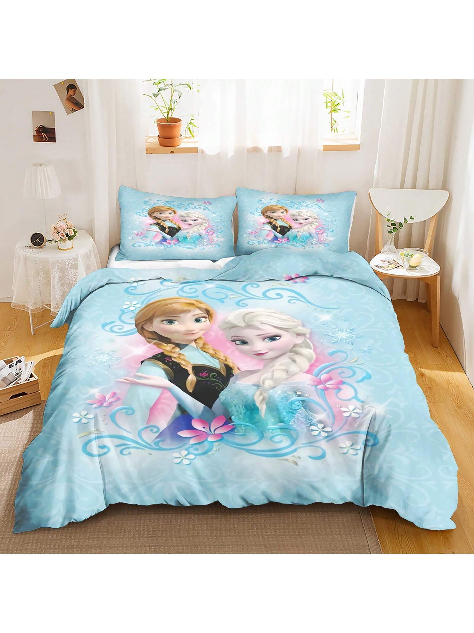 Frozen Duvet Cover, Anna Olaf Bedding Set,Anime Cartoon Children'S Bed Linen 135 X 200 Cm For Girl'S Room 3pcs  1 Quilt Cover + 2 Pillowcases (No Filling)